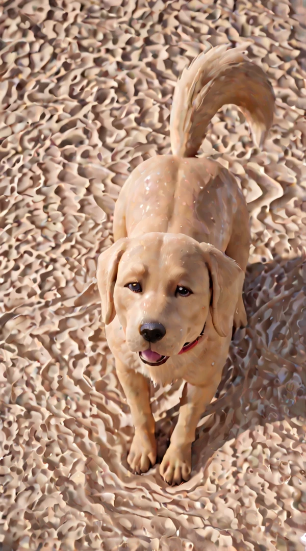 Basset Hound walking on beach sand with clear water landscape and transparent ultra realistic 4k photo