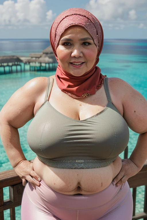 Realistic pilipina girl chubby wearing a blue flower summer outfit  and shorts standing in beach of boracay .