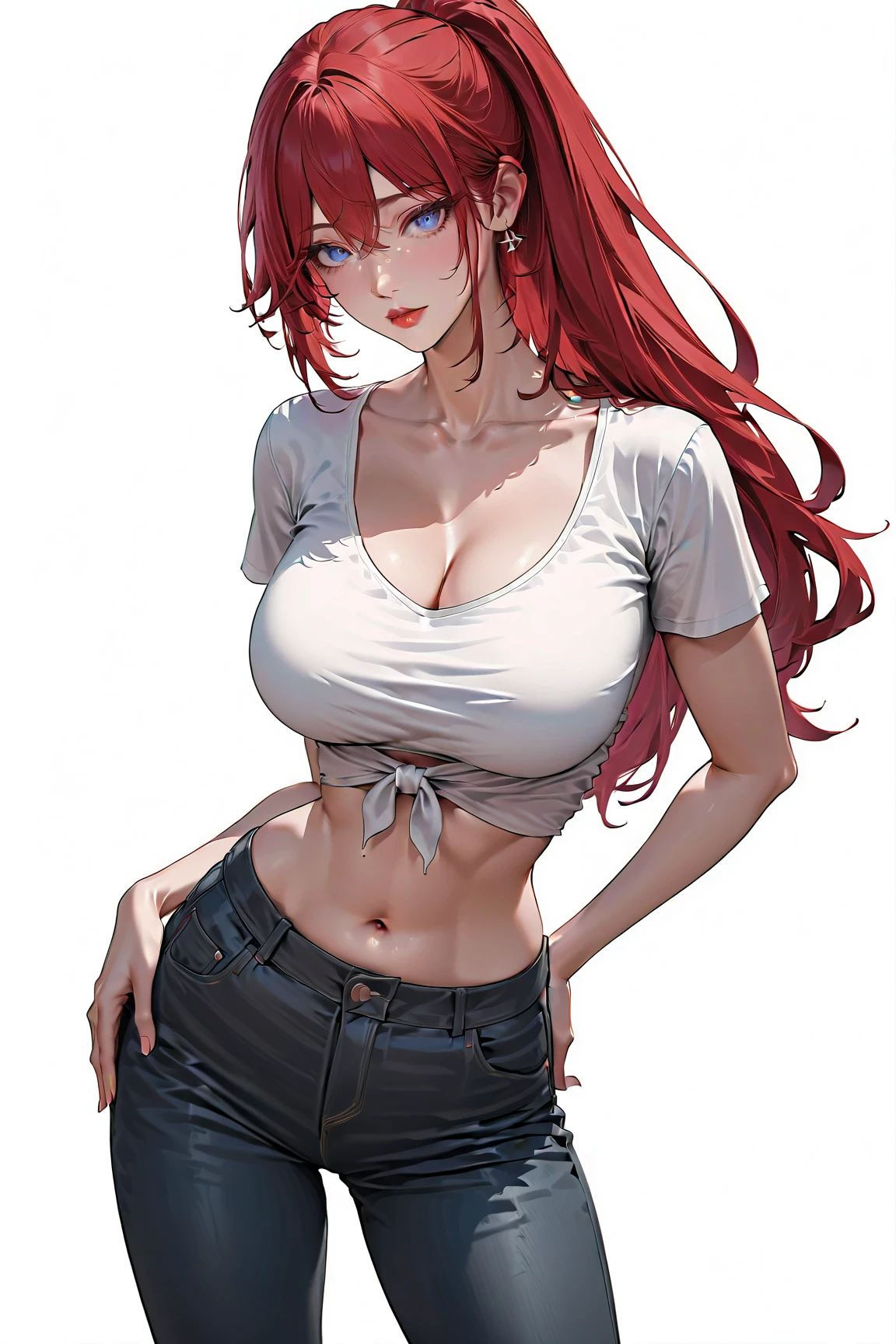 A sexy girl, beautiful action, big breast, dark red hair, cut her eye, pink eyelash, fire red, wears black top, short sleeves, shows navel, sexy curve, and a pair of denim pants, brown shoes.