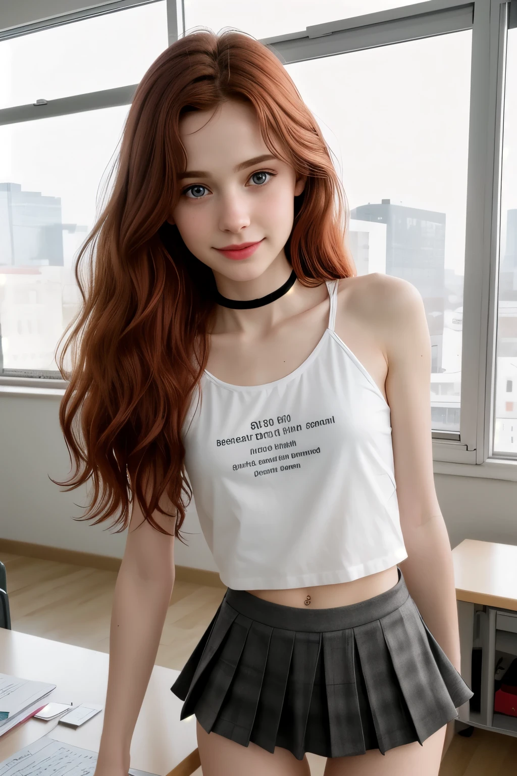 RAW photo,( skinny redhead girl:1.2), age13, wearing a sheer school shirt and pleated skirt, in a classroom, (best quality, high quality), hyperdetailed, highres, high detail, intricate detail, HDR, 8k, sharp focus, detailed background, perfect hands, realistic eyes, detailed skin texture, (blush:0.5), (goosebumps:0.5), subsurface scattering, 16K, ultra high res. photorealistic, HDR, UHD, DSLR, RAW, cinematic lighting, dimples on the cheeks , blush, graphic eyeliner , rouge, ( lipstick:0.6), (choker:0.9), Realistic skin texture , (red:0.8), warm lighting , cozy atmosphere, instagram style, Not suitable for work , naive, shy, , delgado, fit, beautiful, beautiful, pale skin, Photorealistic, skinny bodie, smiling happily, very long red hair with hair ties. (toned arms:1.1) Beautiful detailed face, small tit, thin girls, thin girl, skinny girl.