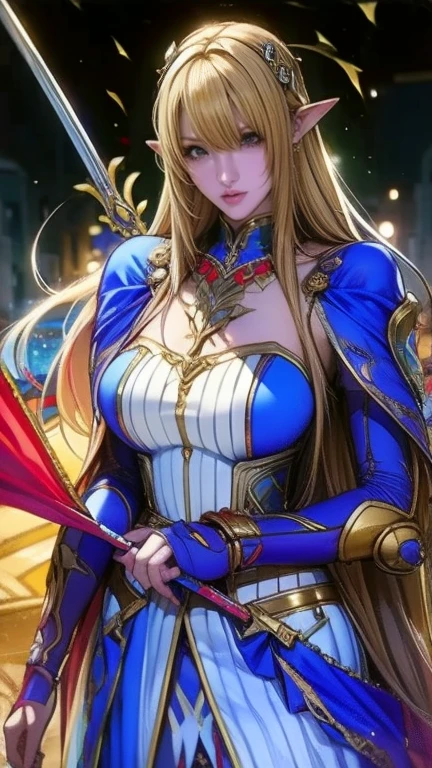 artoria, (ancient armor:1.2), fluttering hair, long wavy hair, long curl hair, thick thighs, muscle, (upper body from below:1.2), blush, gentle smile, hands on hip, in grassland, sunrise