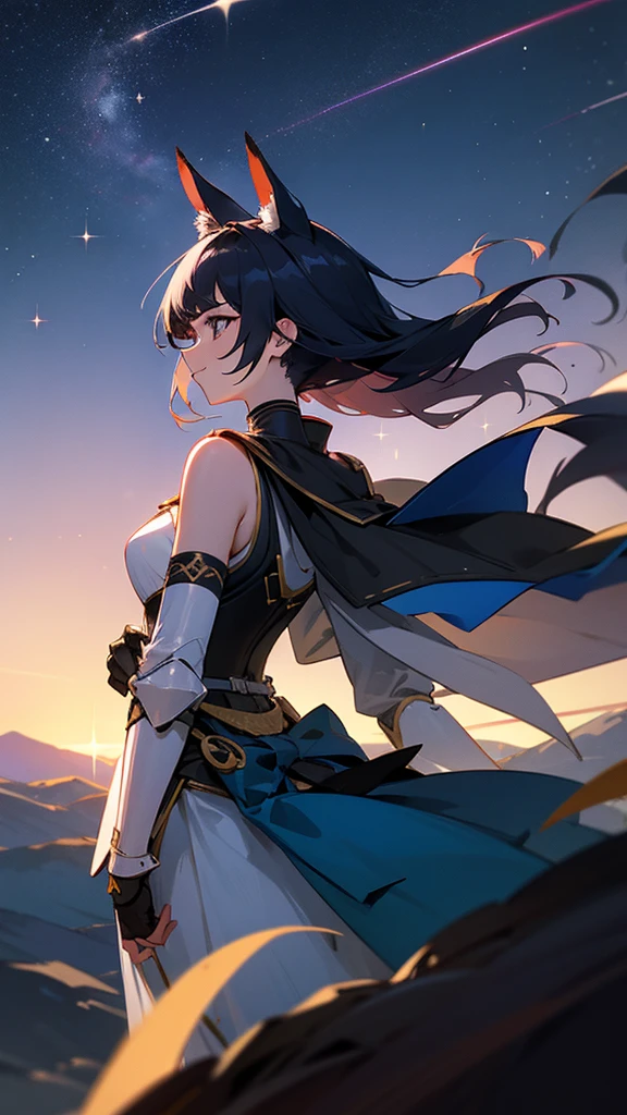 Vast landscape photo, (viewed from below, the sky is above and the open field is below), a girl standing on a flower field looking up, (full moon: 1.2), (meteor: 0.9), (nebula: 1.3), distant mountains , Trees BREAK Crafting Art, (Warm Light: 1.2), (Fireflies: 1.2), Lights, Lots of Purple and Orange, Intricate Details, Volumetric Lighting, Realism BREAK (Masterpiece: 1.2), (Best Quality), 4k, Ultra-Detailed, (Dynamic Composition: 1.4), Very Detailed, Colorful Details, (Rainbow Colors: 1.2), (Glow Lighting, Atmospheric Lighting), Dreamy, Magical, (Solo: 1.2)
