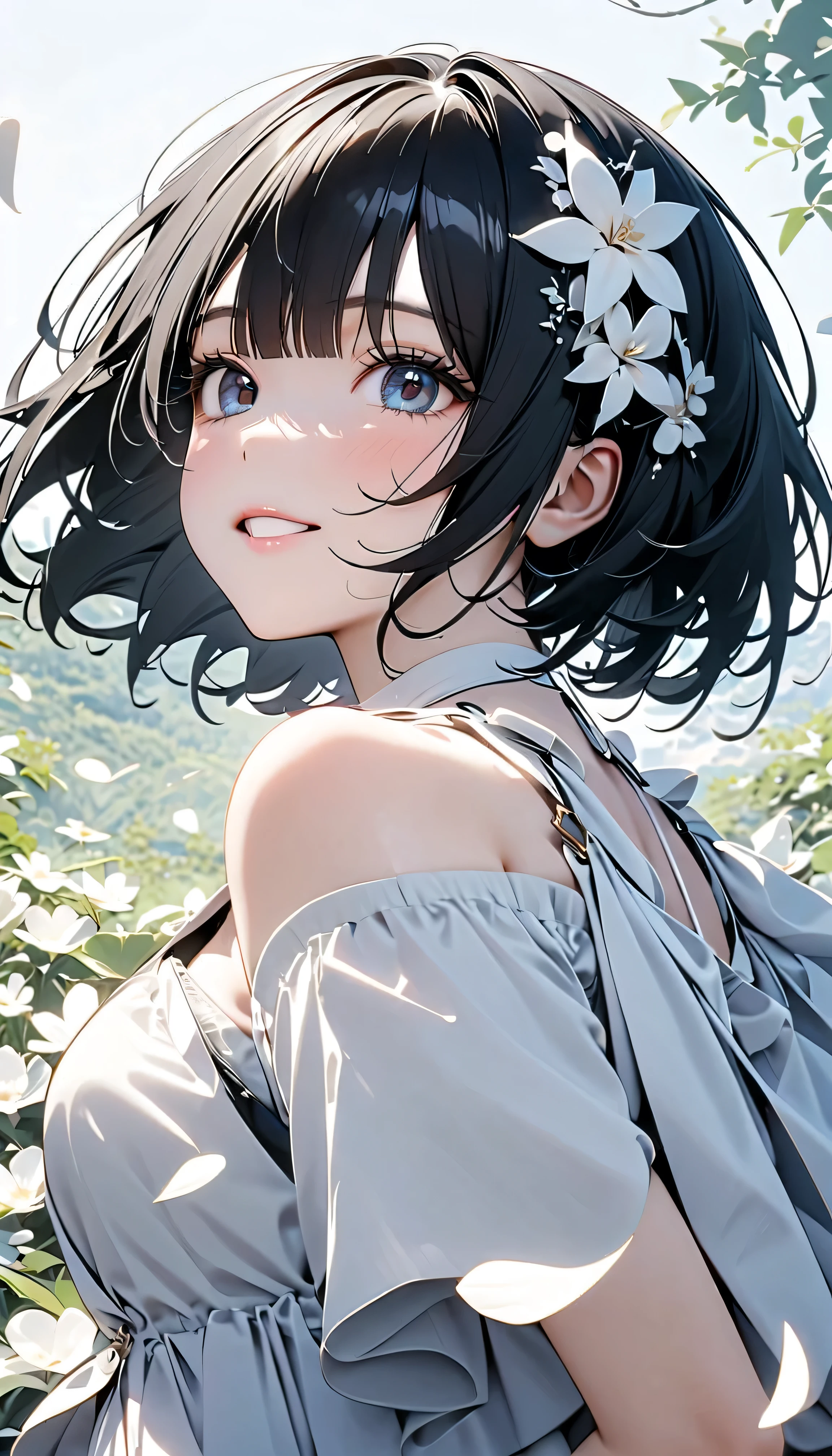 (Highest Quality:1.2, 非常にdetailsな, newest, Highest Quality, Best Aesthetics), 8K Ultra HD, 非常にdetailsな, details, Bold composition, (perfect human structure), beautiful and very delicate texture, (energetic, Digital Coloring, High Contrast, masterpiece:1.2, Highest Quality, Best Aesthetics, wind), (white petals dance:1.2, ファンタジーのwind景:1.4), white petal background, delicate and dynamic, fantastic, Romantic and sweet style, コンセプトアートwind, Blessed Virgin Mary white dress, bright light, Beautiful World, New World, そよwindで舞う, accurate, dynamic angle, angel, 1 woman, upper body shot, black hair, bob cut, young, textured skin, shiny skin, charming smile, Girl Beauty , Miraculous Beauty Symbol, (((White Flower Hair Accessory, white flower dress :1.2))), 2.5d, realistic