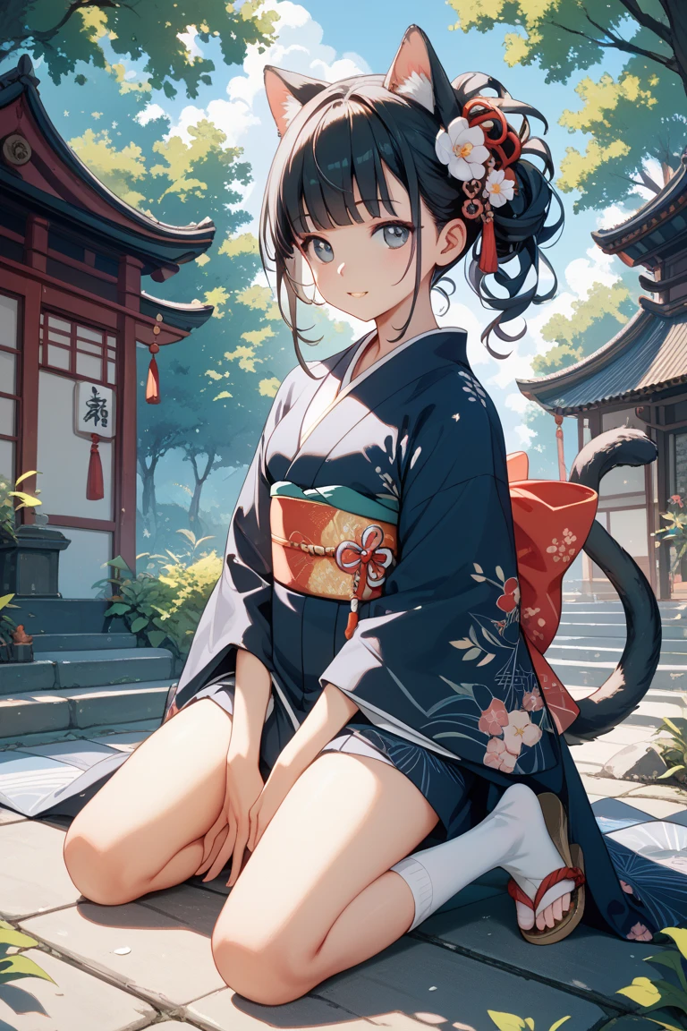 ((8K,​masterpiece、top-quality))、((traditional japanese ink painting:1.4)),lotuses,((Kimono:1.3)),Dress conservatively ,Shoulder out、cleavage of the breast、独奏、A dark-haired、((black cat ear)),Nero、looking at viewert