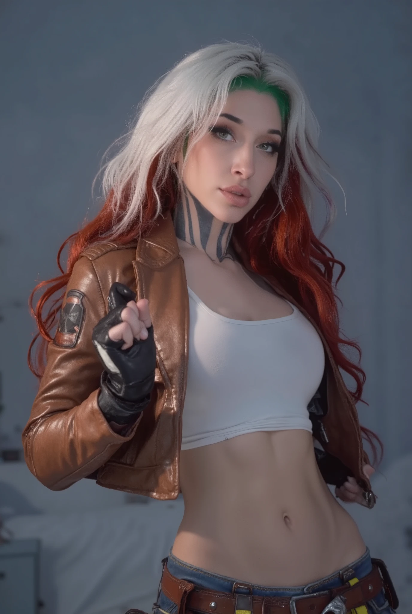 female rogue characterized by long, voluminous, red and white hair, the subject sports a brown leather jacket with a distinctive logo on the sleeve, paired with a form-fitting white crop top. The attire evokes a bold style with blue jeans and a hint of yellow visible near the waistband. Accessories include fingerless black gloves, contributing to the rugged and confident pose with a fist raised. The setting focuses on the subject with soft lighting highlighting the textures and colors, creating a dynamic and empowered atmosphere.