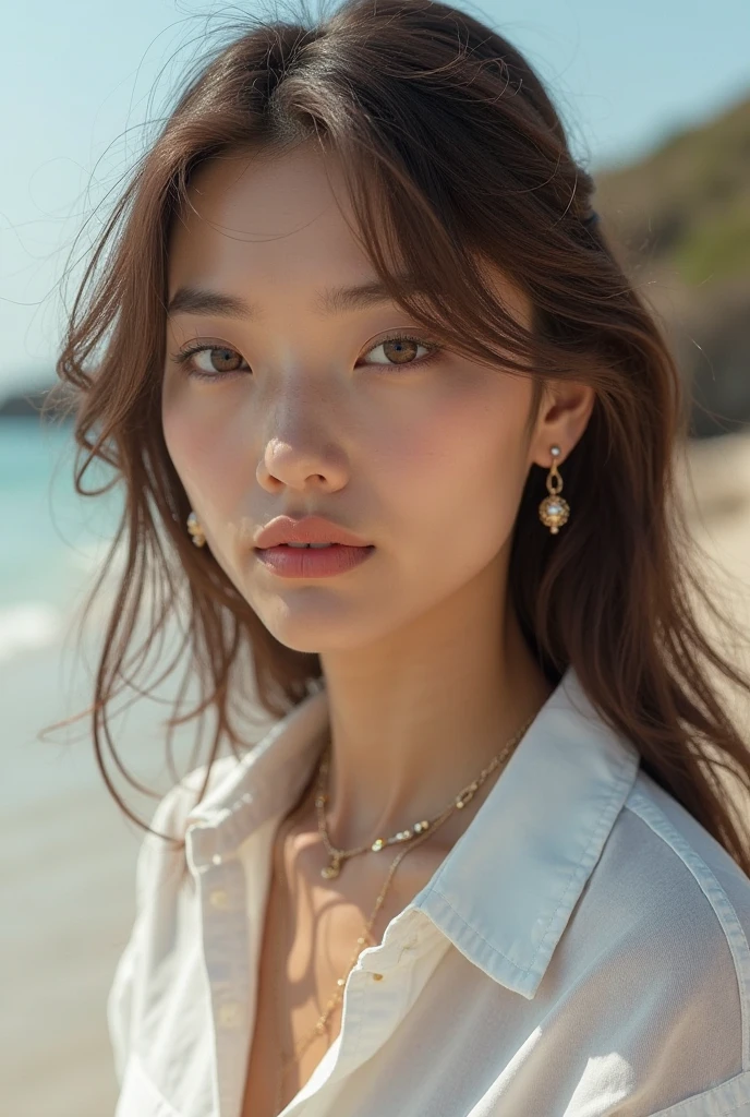 top-quality、realisitic、realisitic、ighly detailed、extremely delicate and beautiful、RAW Photography、profetional lighting、lighting on the face、depth of fields、Single focal length、full bodyesbian、a 20 yo woman、(natta、the beach、starrysky:1.4)、brown haired、brown-eyed、small head、fashionGirl、a necklace、A bracelet、耳环、beautidful eyes、True Face、authentic skin、lifelike face、real looking skin、A detailed eye、detailed facial features、 detailed clothes features、(Fashion Clothing:1.3)、(Fashion hairstyles:1.3)dynamicposes、looking at the viewers、Face and chest details、(pureerosface_v1:0.33)、(ulzzang-6500:0.33)、