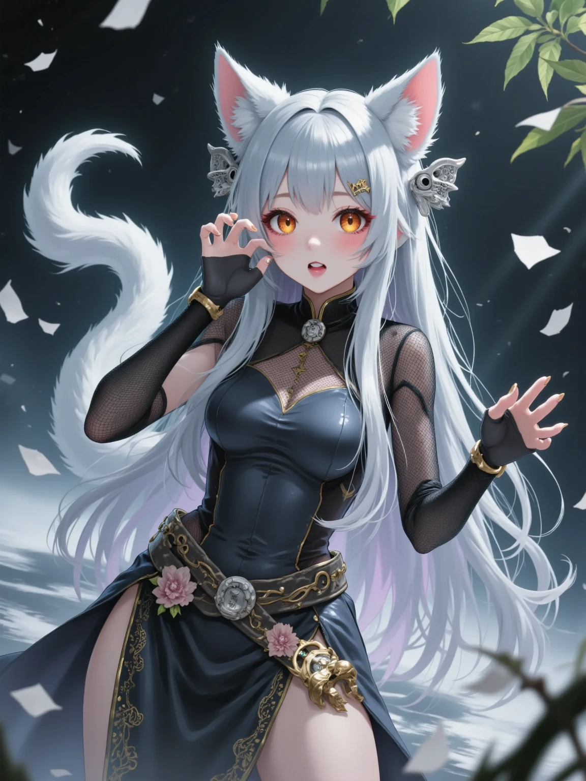 Masterpiece, Best, Night, Full Moon, 1 Female, Mature Woman, Chinese Style, Ancient China, Elder Sister, Royal Sister, Cold Face, Expressionless, Silver White Long Haired Woman, Pale Pink Lips, Calm, Intellectual, Three Belts, Gray Hitomi, Assassin, Dagger, Flower Ball Background, Strolling Street Masterpiece, Best, Night, Full Moon, 1 Female, Mature Woman, Chinese Style, Ancient China, Elder Sister, Royal Sister, Cold Face, Expressionless, Silver White Long Haired Woman, Pale pink lips, calm, intellectual, three belts, gray pupils, assassin, dagger, flower ball background, street view, white-haired catwoman, Hanfu, cat ears, cat tail, clear purple eyes