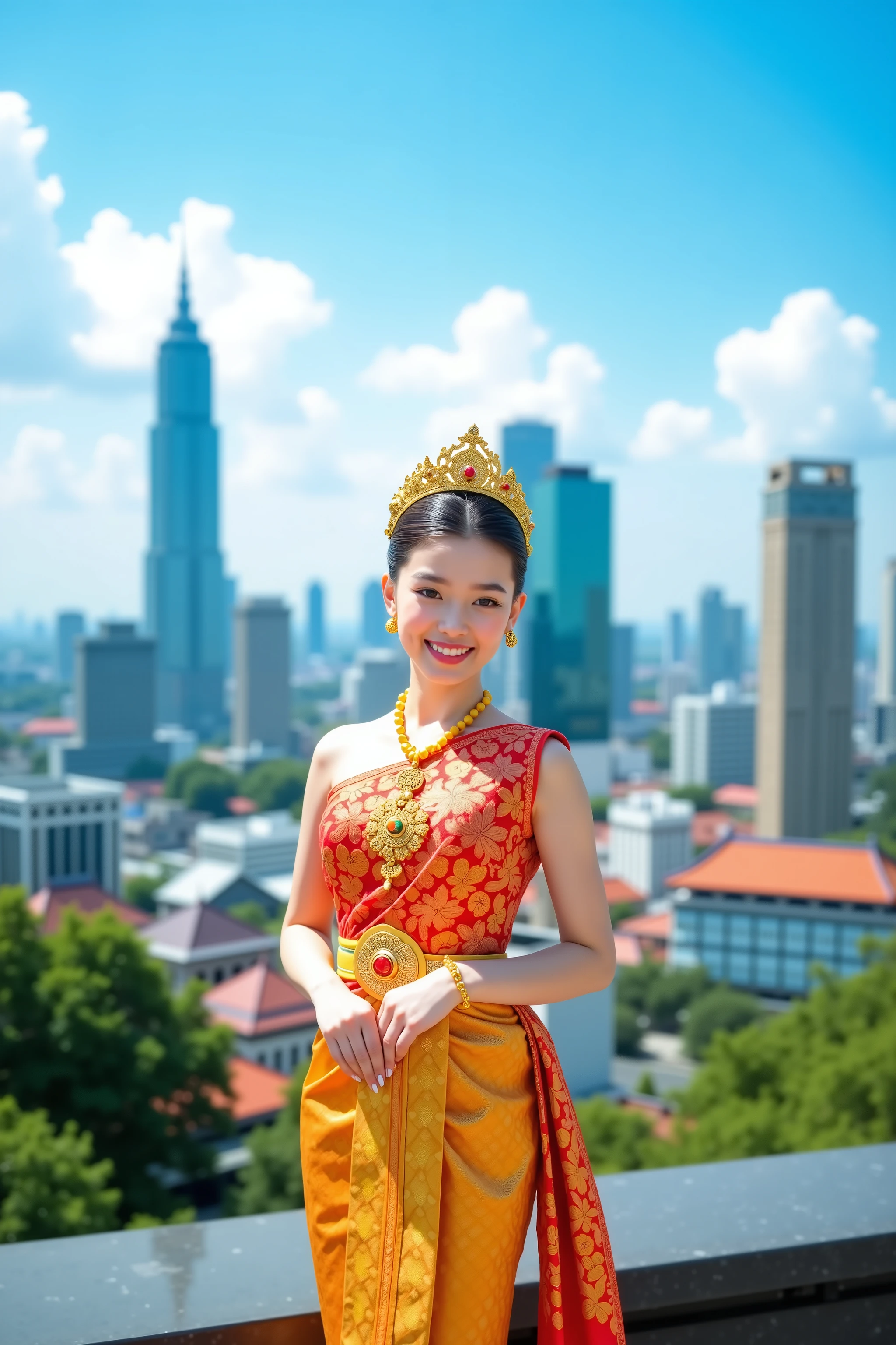 Publicity photo from the Tourism Authority of Thailand,
Thaitraditionaldress,
Photorealism,
((A scene from a live-action movie)),
Incredibly detailed,
Professional photography,
A beautiful Thai girl in traditional clothing is smiling as she stands with the skyscrapers of Bangkok in the distance,
The clear blue sky and strong sunlight of the tropics are beautiful,