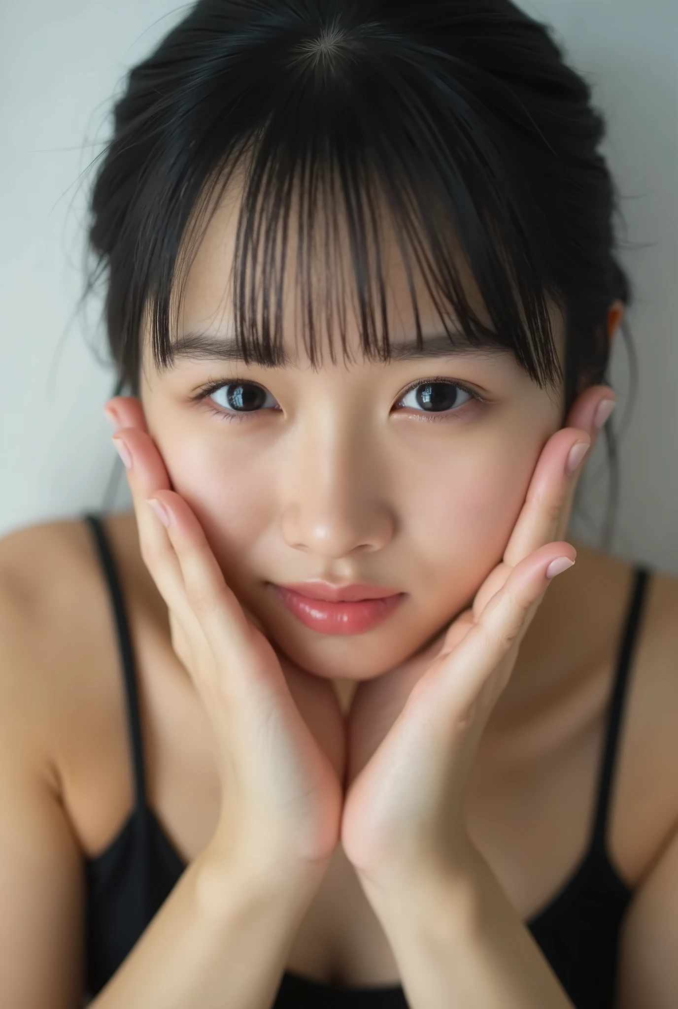extreme close-up portrait, beautiful girl with her love-struck, radiant face filling the entire frame (95% face ratio), gently placing both open hands on her flushed cheeks with soft fingers, soft black camisole, white blurred background, eyes dreamy and half-lidded, deeply adoring gaze fixed straight at the viewer, irises ultra-detailed with intricate rainbow reflections and glowing catchlights, moist and sparkling eyes as if about to tear up from overwhelming joy, soft melting smile revealing slightly parted lips and upper teeth, skin with visible soft pores, realistic skin texture with warm lighting and subtle shadows, delicate eyelashes, glossy lips with natural highlights, cheeks glowing with deep blush, cinematic soft lighting, lifelike expression full of romantic euphoria, overflowing with happiness, warmth, and pure affection, subtly tilting her head as if whispering a name in total bliss, ultra photorealistic, masterpiece, 8K, hyperreal detail, skin pores, detailed iris texture, cinematic mood