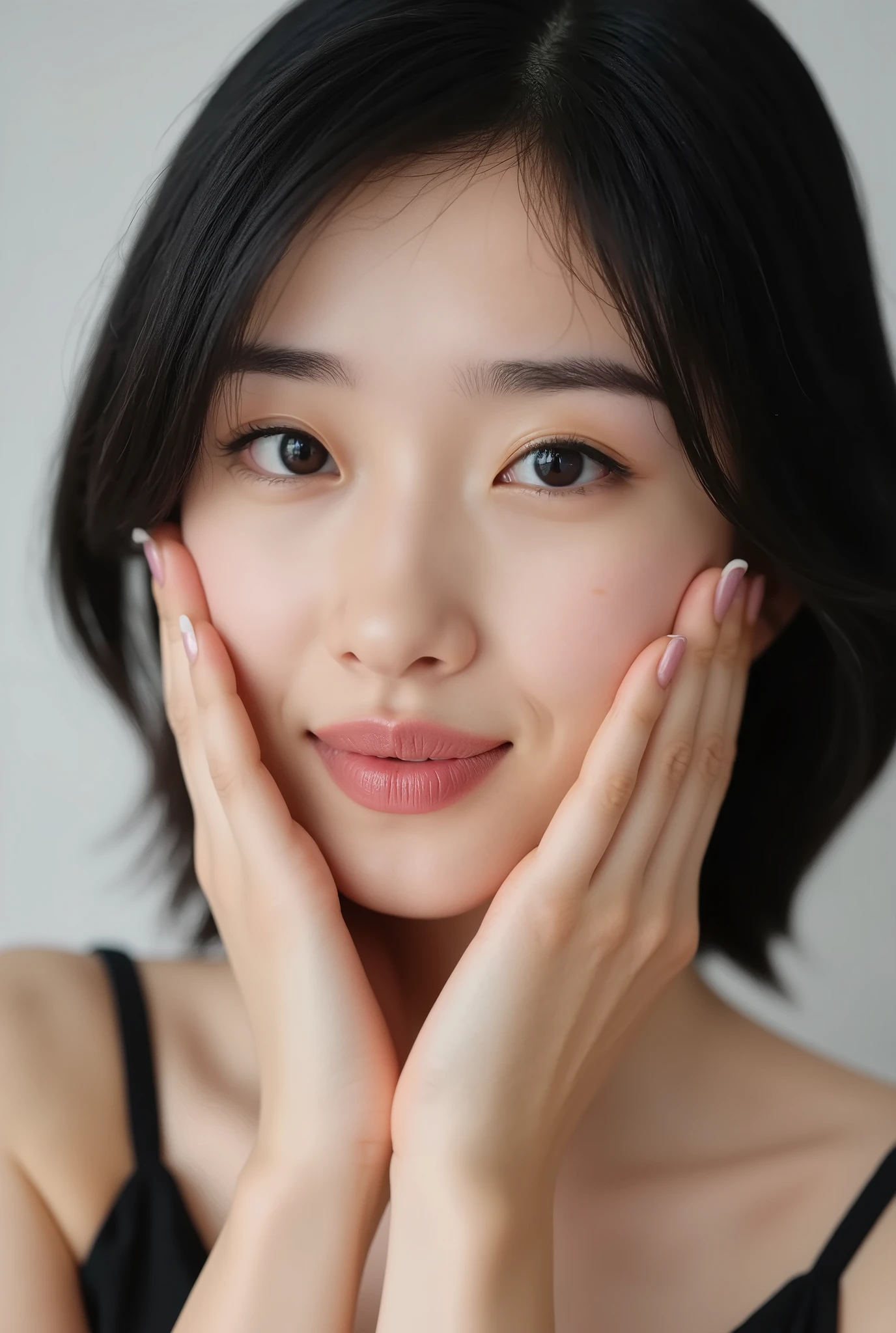 extreme close-up portrait, beautiful girl with her love-struck, radiant face filling the entire frame (95% face ratio), gently placing both open hands on her flushed cheeks with soft fingers, soft black camisole, white blurred background, eyes dreamy and half-lidded, deeply adoring gaze fixed straight at the viewer, irises ultra-detailed with intricate rainbow reflections and glowing catchlights, moist and sparkling eyes as if about to tear up from overwhelming joy, soft melting smile revealing slightly parted lips and upper teeth, skin with visible soft pores, realistic skin texture with warm lighting and subtle shadows, delicate eyelashes, glossy lips with natural highlights, cheeks glowing with deep blush, cinematic soft lighting, lifelike expression full of romantic euphoria, overflowing with happiness, warmth, and pure affection, subtly tilting her head as if whispering a name in total bliss, ultra photorealistic, masterpiece, 8K, hyperreal detail, skin pores, detailed iris texture, cinematic mood
