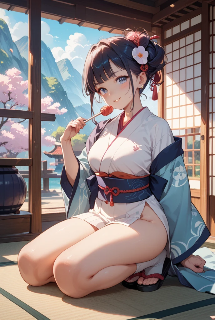 (Photorealistic:1.8, Highest quality:1.8,8K masterpiece:1.8,High resolution,Mastepiece:1.8,RAW Photos,Cinematic lighting)、1 Masochist Woman、Angle view from below、
(Japanese Kimono、A super mini kimono with a beautiful and cute orchid-style floral pattern:1.5、choker)、Breast Rope、Thigh rope、(Shoulders bare:1.3)、Bare thighs、Beautiful fair skin、barefoot、Black Pink Jenny's pause、Random Pause