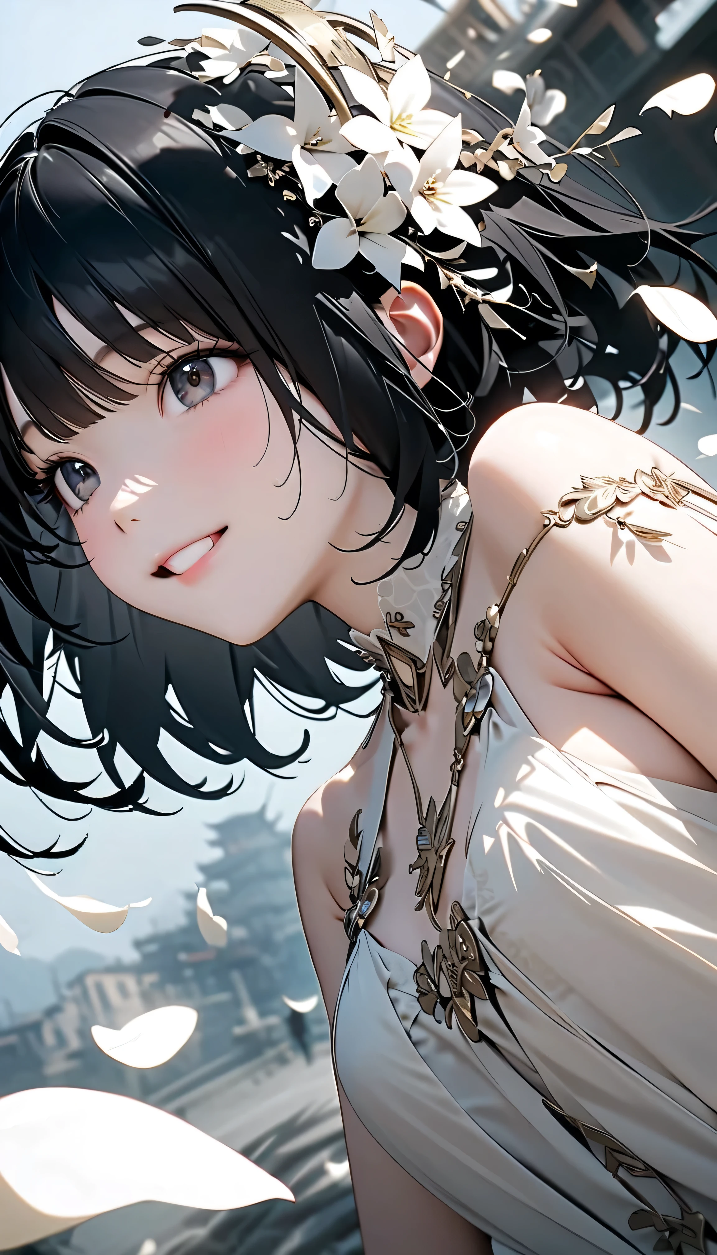 (Highest Quality:1.2, 非常にdetailsな, newest, Highest Quality, Best Aesthetics), 8K Ultra HD, 非常にdetailsな, details, Bold composition, (perfect human structure), beautiful and very delicate texture, (energetic, Digital Coloring, High Contrast, masterpiece:1.2, Highest Quality, Best Aesthetics, wind), (white petals dance:1.2, ファンタジーのwind景:1.4), white petal background, delicate and dynamic, fantastic, Romantic and sweet style, コンセプトアートwind, Blessed Virgin Mary white dress, bright light, Beautiful World, New World, そよwindで舞う, accurate, dynamic angle, angel, 1 woman, upper body shot, black hair, bob cut,  young, textured skin, shiny skin, charming smile, Girl Beauty , Miraculous Beauty Symbol, (((White Flower Hair Accessory, white flower dress :1.2))), 2.5d, realistic