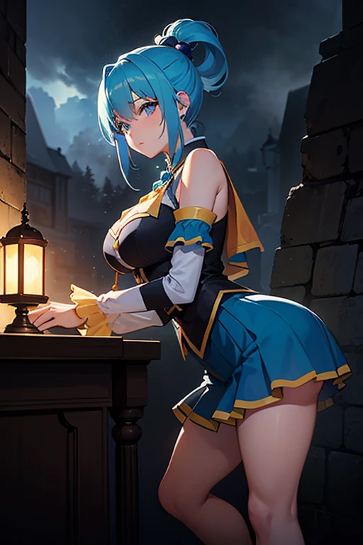 Anime Moe Art Style,Highest quality,High resolution,Anatomically correct,One Girl,Mid-teens,A girl with light blue hair in a ponytail,Super detailed,Fantasy World,Off-the-shoulder tops,mini skirt,Big Breasts,Shiny skin,Beautiful Skin,A rich expression,Serious expression,cave,Hide in the shadows and watch the enemy,Kneeling posture,Hold the dagger,Eyes drawn in detail,hair ornaments,necklace,bracelet,8K