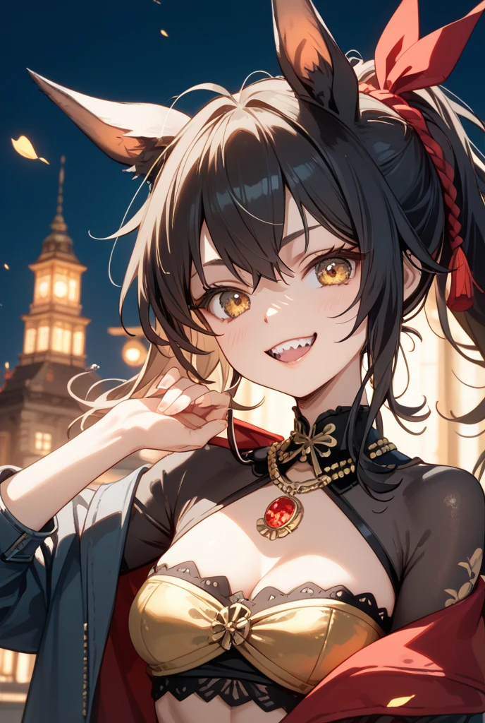 yor briar, anime style beutiful woman, 1girl, happy, sexy pause,(with sparkling eyes and a contagious smile:0.9),red face, closed mouth, beautiful detailed eyes, super detailed skin, backlighting, bare shoulders, black background, black dress, black gloves, black hair, breasts, dress, earrings, fingerless gloves, floating hair, floral print, flower, gloves, gold earrings, gold hairband, hair flower, hair ornament, hairband, holding, holding weapon, jewelry, large breasts, long hair, looking at viewer, off-shoulder dress, off shoulder,red eyes, short hair with long locks, sidelocks, solo, spikes, thighs, two-sided dress, two-sided fabric, weapon, fighting stance , face, close up, from above, highest quality, looking at viewer,high resolution.