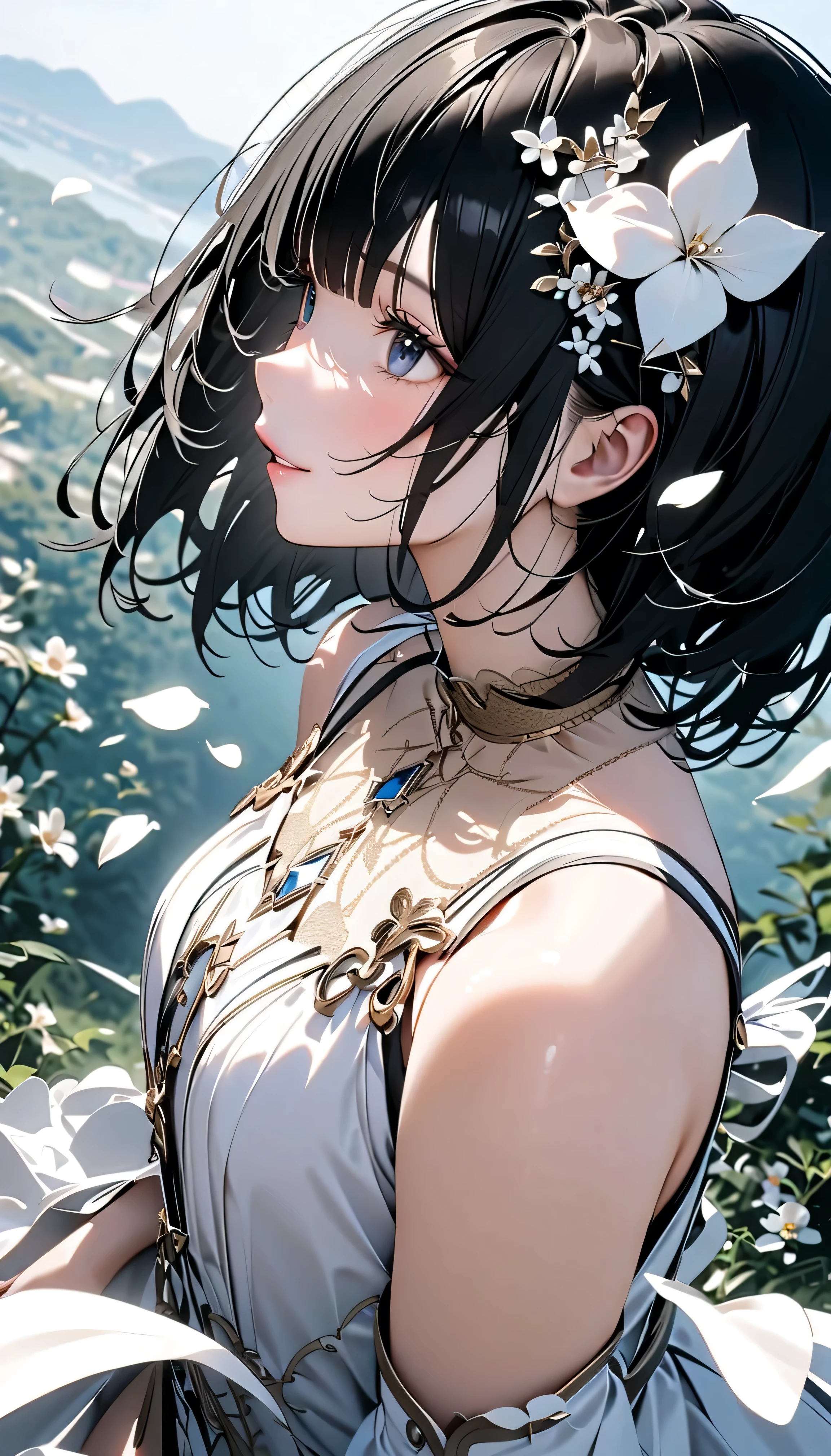 (Highest Quality:1.2, 非常にdetailsな, newest, Highest Quality, Best Aesthetics), 8K Ultra HD, 非常にdetailsな, details, Bold composition, (perfect human structure), beautiful and very delicate texture, (energetic, Digital Coloring, High Contrast, masterpiece:1.2, Highest Quality, Best Aesthetics, wind), (white petals dance:1.2, ファンタジーのwind景:1.4), white petal background, delicate and dynamic, fantastic, Romantic and sweet style, コンセプトアートwind, Blessed Virgin Mary white dress, bright light, Beautiful World, New World, そよwindで舞う, accurate, dynamic angle, angel, 1 woman, upper body shot, black hair, bob cut,  young, textured skin, shiny skin, charming smile, Girl Beauty , Miraculous Beauty Symbol, (((White Flower Hair Accessory, white flower dress :1.2))), 2.5d, realistic