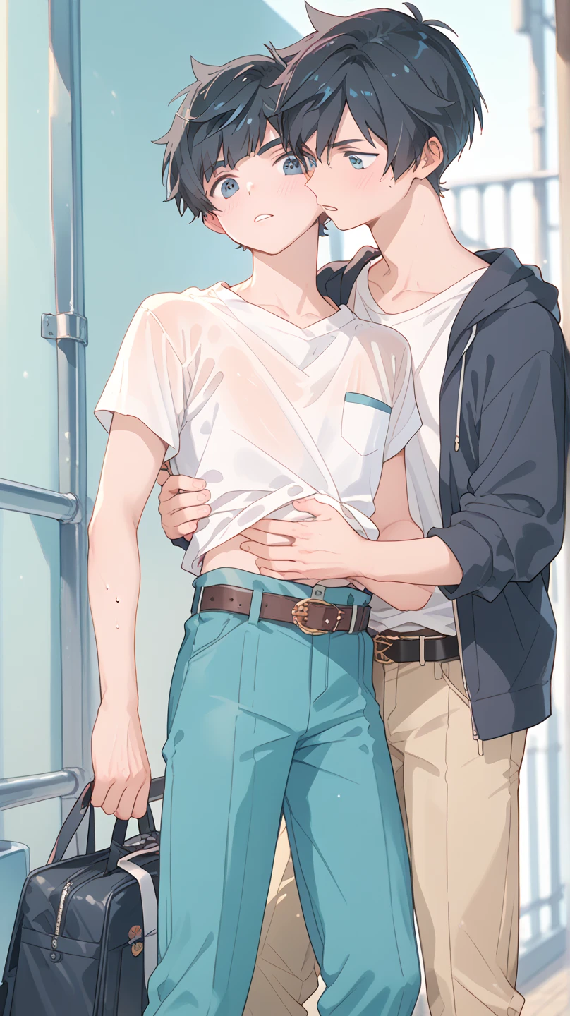 (8k、Best image quality、Highest quality、masterpiece)、Detailed face、One girl:1.2、Pixie Short Hair、Black Hair、Bright Blue Eyes、Heart Pupil、Wicked Smile、((steam, sweat, Grin))、Small breasts、((White oversized long shirt:1.3)), Short sleeve、Bra straps、No off-the-shoulder underwear、Cowboy Shot、entrance、Open the door、(A half-naked, muscular, big black man hugging her from behind:1.5, from the front、Facing forward:1.5), indoor、entrance、Detailed people、Detailed Background