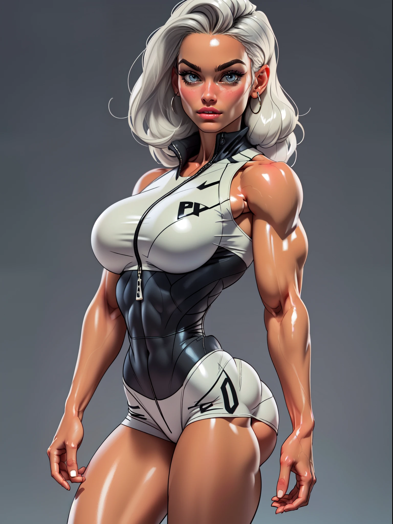 ((masterpiece)),(((best quality))),((character design sheet)), Drawing of female fitness model, toned body, feminine, huge upper body, focus on torso, wide shoulders, veins, beautiful face, full lips, slim face, high cheekbones,, rough sketches, pose, 8k,16k, (simple background, white background: 1.3) ((cool color palette)), ((white crop top, white skirt))