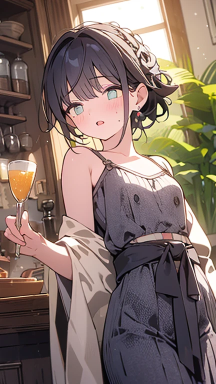 (small breasts:1.3), (perky chest:1.1), (pointed chest:1.0), (fashion magazine cover:1.3)，(from below:1.0),(from side:0.9),masterpiece, 1girl, Amazing Cleavage:1.1, thin waist, big ass, Raised sexy, small breast: 1.3, posed cleavage:1.2、solo, looking at viewer, open mouth, have a cute grass of cute beergrass,black hair, dark green eyes, dress, bare shoulders, jewelry, collarbone, sidelocks, hairband, earrings, indoors, off shoulder, :o, sweater, arms behind back, plant, short hair with long locks, gild hairband, off-shoulder dress, sweater dress, off-shoulder sweater, red sweater, dark gord hair, big side hair, very long side hair,is rendered in (masterpiece: 1.2, best quality), with (ultra high resolution) and an exquisite (depth of field). This masterpiece is not only visually stunning but also tells,A scene of cooking in the kitchen by classroom
