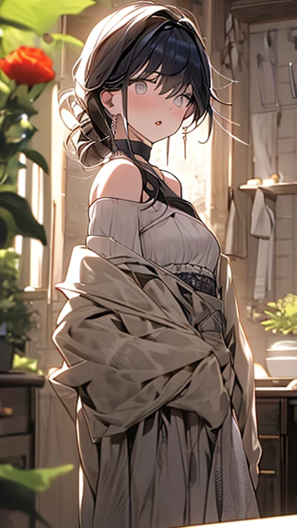 (A masterpiece of image quality in 8K),(from below:1.2),(Beautiful Allafed Woman),(((emphasizing breasts:1.0))),(Dynamic angles),(Dynamic and sexy bending pose:1.3),(sit a chair:1.3),(Short hair in shiny silver and orange inner colors,(perky chest:1.1), (pointed chest:1.3),small full breasts,Disturbance of clothing due to movement,breast slip,(Ponytail twisted buns adorned with elaborate braids and beads,Braided Setup Fishbone Hair,),(see-through bangs),small breasts、(((A white lace apron that shows your bare skin from under your small breasts)))、Blush with embarrassment、Enraptured eyes、A smile that beguiles the viewer、(Look back:1.2)、Look into the photographer,skin glistening with sweat,gazing at viewer,,(Professional Lighting),(8K,masutepiece,top-quality,Ultra-high resolution output image,),(Ultra HD with complex detail image modes),depth of fields,Beautiful hands,Beautiful fingers,Detailed finger features,(Detailed hair features:1.7),detailed facial features,detailed clothes features,
