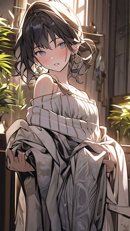 女の子 1 人、top-quality、Photorealsitic: 1.37、超A high resolution、​masterpiece、outside of house、A detailed eye、Nice eye makeup、authentic skin、perfect anatomia、short-hair、A detailed face、backwards virgin killer sweater、breastsout、teats、is standing、Turning body、Golden hair、nudde、barechested、full bodyesbian、huge tit、toppless、Photorealsitic、natta、、