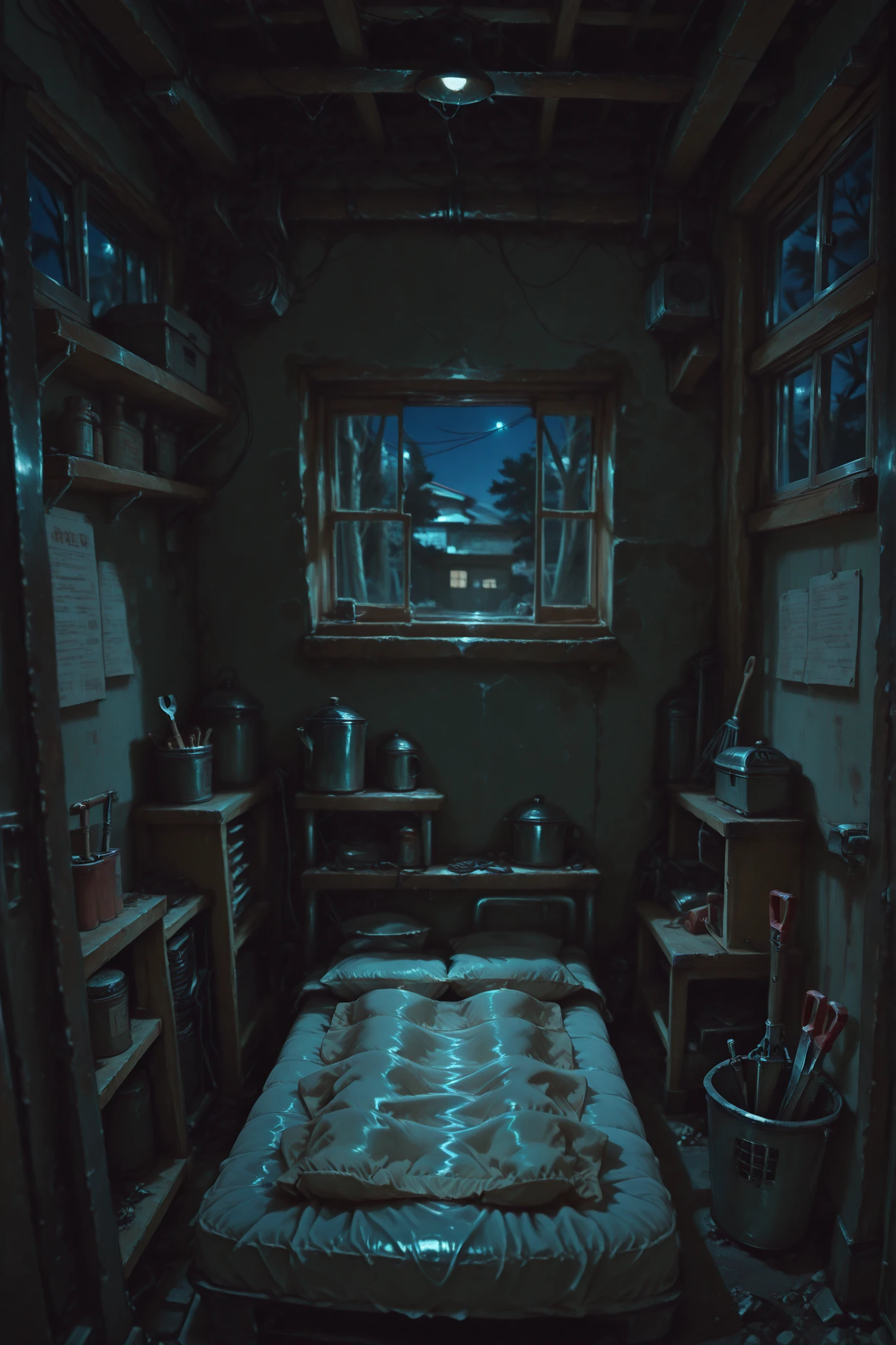 female, cute, tiny schol uniform, school girl, dark, night, school shed, inside, old mattress in the background, metal shelf in the background, tools and equipment in the background,