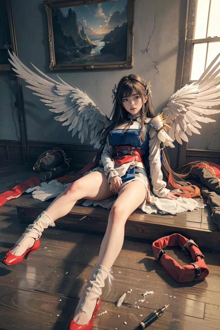 Live action,Cosplay Games,White and gold leotard,Red Eyes,Image in the style of a woman dressed in white with wings and a red sickle,Long Black Hair,angel knight girl, albedo from overlord, full - body majestic angel, LE SSERAFIM, hestia, tall female angel,goddes,Red angel ring on the head,Left hand in mouth,Holding a large fiery sickle in his right hand,ultra-definition,Six Wings,White tights,Live action,Mordorette,, goddes, Anime girl cosplay, angel knight girl, Cosp in anime, Beautiful Angel Girl, full - body majestic angel, Super Wide Angel,, professional cosplay, Angel Knight Gothic Girl, of beautiful angel,Ruins of the temple,Red and black angel ring overhead,Accessorizing on the thigh,Gold hair ornament,