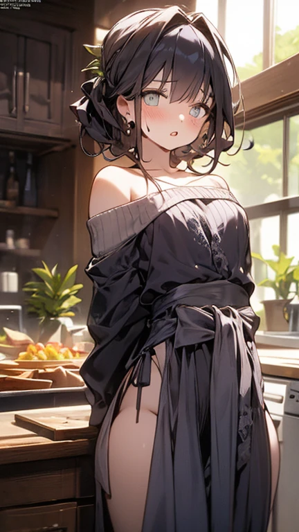(small breasts:1.3), (perky chest:1.1), (pointed chest:1.0), (fashion magazine cover:1.3)，(from below:1.0),(from side:0.9),masterpiece, 1girl, Amazing Cleavage:1.1, thin waist, big ass, Raised sexy, small breast: 1.3, posed cleavage:1.2、solo, looking at viewer, open mouth, have a cute grass of cute beergrass,black hair, dark green eyes, dress, bare shoulders, jewelry, collarbone, sidelocks, hairband, earrings, indoors, off shoulder, :o, sweater, arms behind back, plant, short hair with long locks, gild hairband, off-shoulder dress, sweater dress, off-shoulder sweater, red sweater, dark gord hair, big side hair, very long side hair,is rendered in (masterpiece: 1.2, best quality), with (ultra high resolution) and an exquisite (depth of field). This masterpiece is not only visually stunning but also tells,A scene of cooking in the kitchen by classroom
