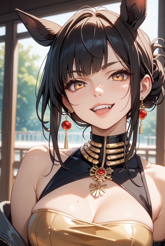 4K, A high resolution, Best quality at best, masterpiece, perfect colors, perfect shadow, perfect litthing, ((sportrait)), 1woman, fit-muscled body, bright yellow eyes,dark blue hair , blue eyes, With round lenses, The audience watched carefully, (s face: 1.2), Perfect female figure, ((standing)), ((beautiful queen in yellow dress suite, luxurious yellow tight crop top yellow roses and skull adorn her cloth, (yellow bikini, yellow roses, gold skull ornamental, yellow dark))), ((shy and looking at viewert)), (Perfect thick white eyebrows) Delicate fur, 详细s face, s the perfect face, At a fantasy cyberpunk city , (model pose standing), energetic abstract background, perfect cyberpunk city skyscape, lighting atmosphere, ((Bonifasko lighting)), (The round lenses on his eyes)(detailed eyes), Perfect student, ((face close up)), half breast open