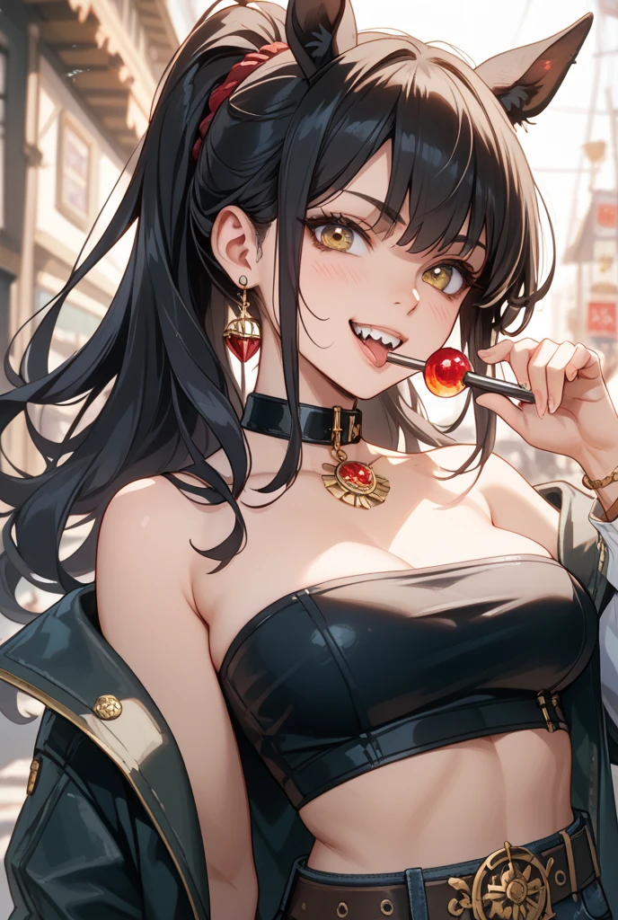 JiangshiT, Tongue out, Colored skin, zombie pose, Black sclera, ofuda, long fingernails, ebony, Dark skin, afro hair, bouncing breasts, unaligned breasts, Motion blur