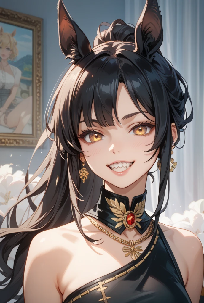 Half body, girl, A pretty woman, long black wavy hair, Brown eyes, sexy clothes, cat ears and tail, fangs, surrounded by roses, sexy pose