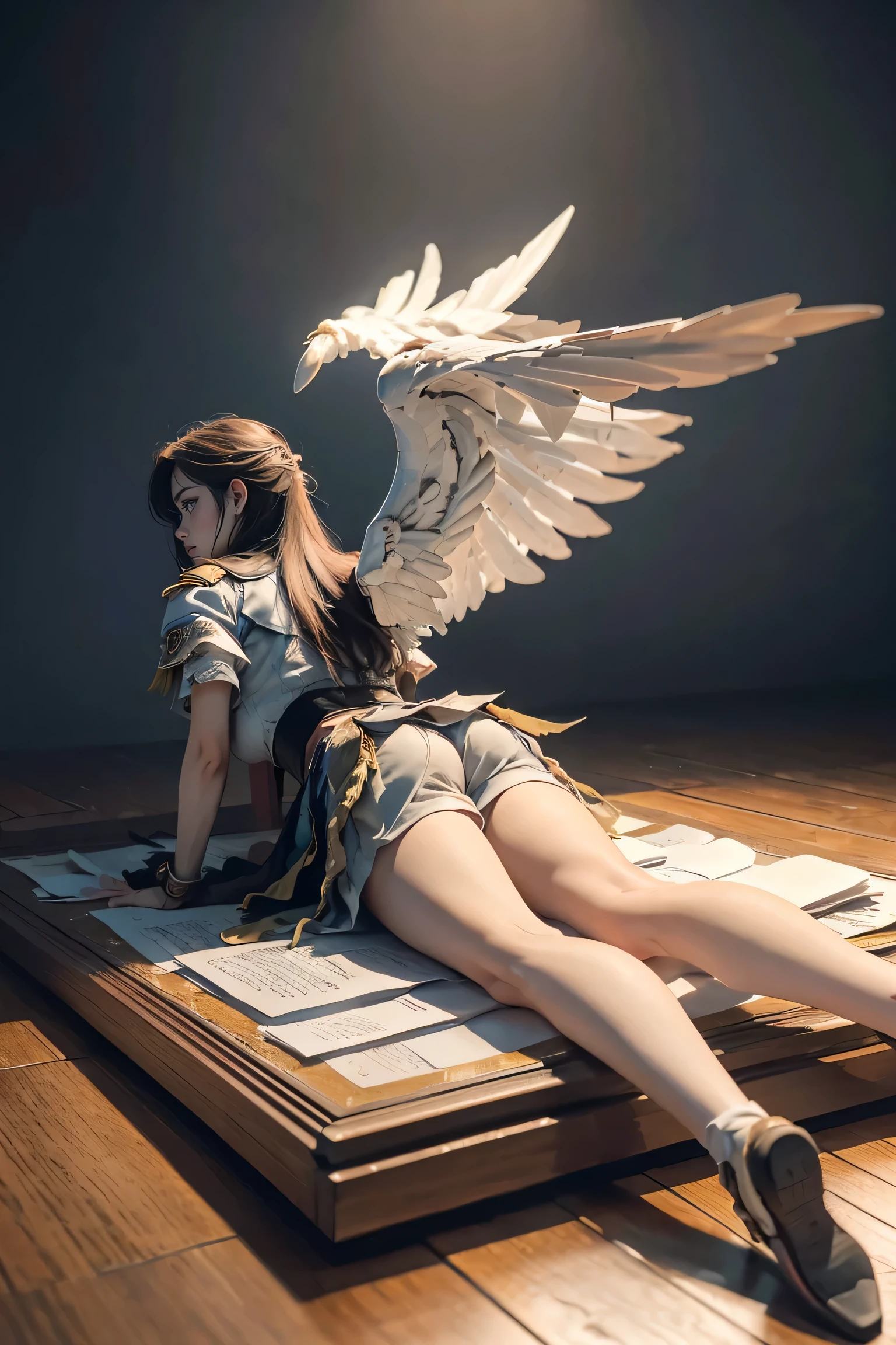 ((masterpiece, Highest Quality, 最high image quality, high resolution, photorealistic, RAW photos , 8k)), ((very detailed CG integrated 8K wallpaper)), Wing Gundam Zero, realistic、16k、high image quality、 realistic battlefield、Soaring Dust and Fire、The figure of a fallen angel combines 、Lying on one knee and lying down、Realistically shaped feathers are attached to the back、the feathers are folded and decayed to a tattered state