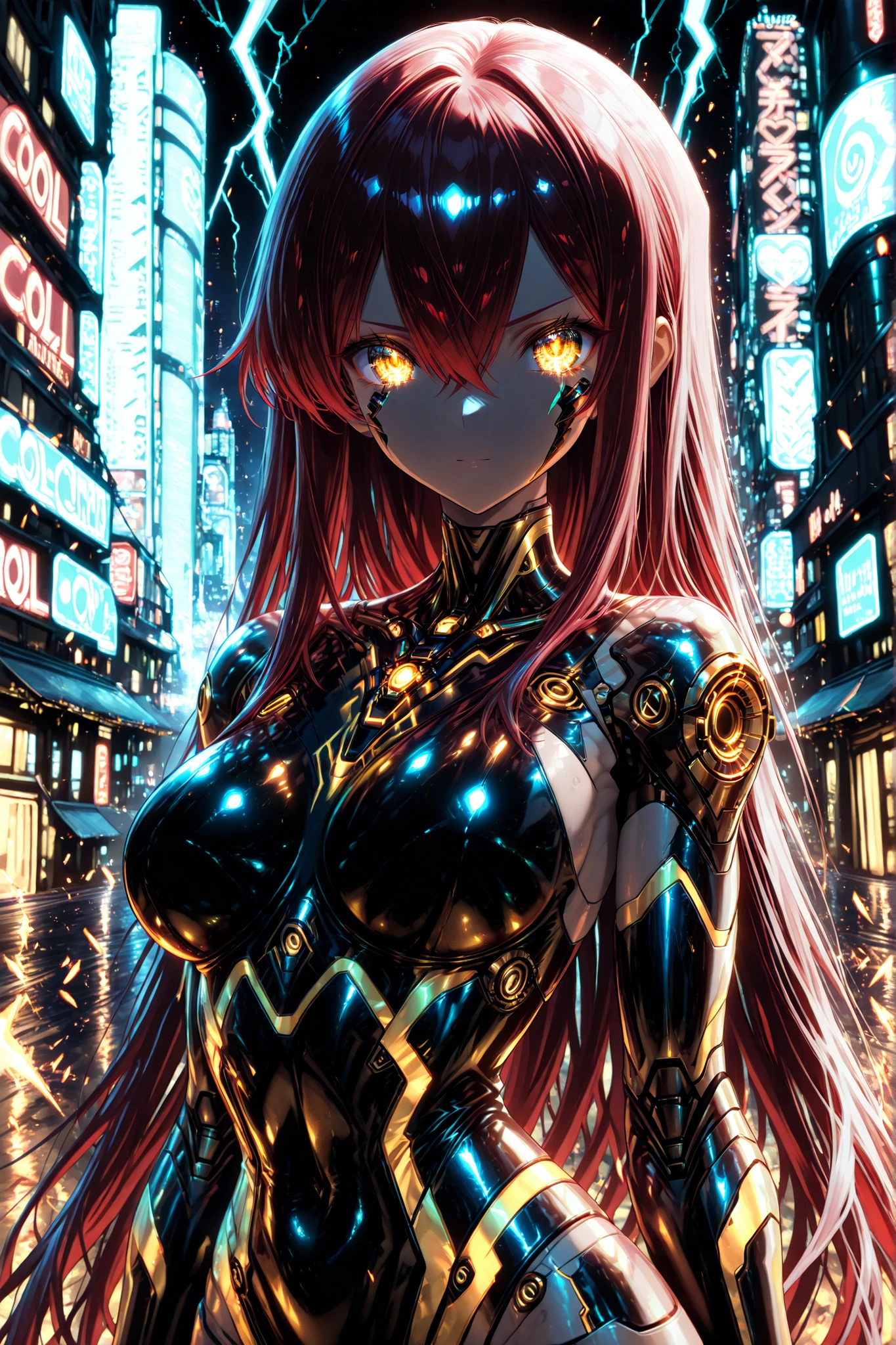 ((4k,8k,Ultra HD)),((Masterpiece :1.2)),((Best quality :1.2)),((Detailed :1.5)),((Detailed background :1.5)), 1 girl, golden eyes , very long hair , long sidelocks, red hair , half upon, mediumlarge breasts , petite , very cute , beautiful ,Straight hair, cool, handsome, hair between eyes, confident, , solo, cyberpunk, cyborg-like mechanical body, upper body, glowing eyes, neon city background, looking at viewer, from the front,shine colorful, glowneon, glowing, sparks, lightning