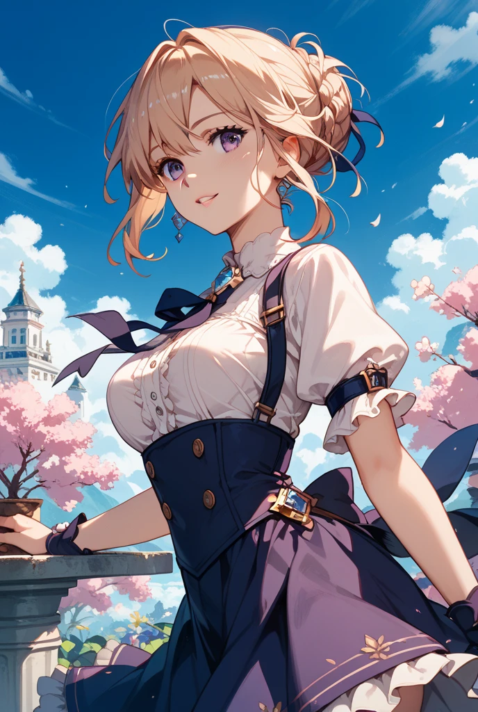 masterpiece，((Highest quality))，8k wallpaper，Precise Representation，((Very detailed explanation)).　　　　　　　　　　　　　　　　　　　　　　　　　　　　　　　　　　　　　　　　　((Woman 1))，20-year-old，so beautiful，((Fine facial details))，Perfect Anatomy，Correct Anatomy，Perfect Face，Perfect Arms，，Perfect Fingers，Perfect waist，Perfect Thighs，amount，Beautiful blonde，View your audience，I see the camera flash，Bright Blue Eyes，((anger:1.5))，((Embarrassing 1.1)),((The facial features are also drawn in detail....)),((blush:1.5))，wear a white blouse with a ruffled collar，wearing a purple corset，Maid Cosplay，White mini skirt with white frills，((Raise the hem of a skirt))，((Show off your panties to your audience)),((Showing off her pink lace panties))，White Stockings，((75 degree angle from bottom))，Close-up shot，French Model.　　　　　　　　　　　　　　　　　　　　　　　　　　　　　　　　The background is a cherry tree，spring，noon，The wind is blowing，Many cherry blossom petals are falling，wonderful.