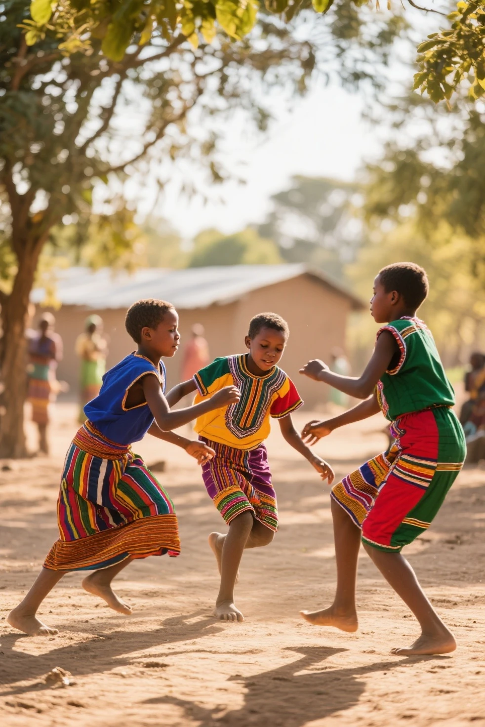 Create the image of an African with a blue necklace playing with other African children with a ball, near a well in an African village