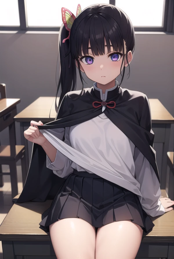 kanaotsuyuri, kanao tsuyuri, black hair, butterfly, butterfly hair ornament, (purple eyes:1.1), side ponytail, ponytail,
BREAK black skirt, cape, demon slayer uniform, long sleeves, pleated skirt, skirt, white cape,
BREAK looking at viewer,
BREAK indoors, classroom,school,lights,
BREAK (masterpiece:1.2), best quality, high resolution, unity 8k wallpaper, (illustration:0.8), (beautiful detailed eyes:1.6), extremely detailed face, perfect lighting, extremely detailed CG, (perfect hands, perfect anatomy),pantyhose, sitting on desk,from below,showing feet to camera,detailed feet, foot