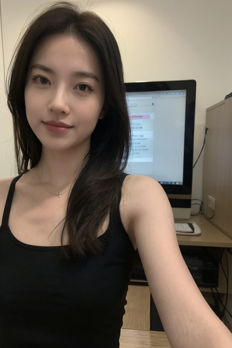 ((beautiful Korean girl:1.3)),big breasts:1.4,(sweaty:1.5),(Pretty Woman:1.4),((Short light brown hair)),tousled wavy hair with lots of detail),(detailed hands),(a flat stomach:1.2),((Random hairstyles:1.2)),(1 girl), perfect shape,eye of detail、double eyelid,beautiful light brown eyes, (pure white shirt with neckline), blue short jeans, photo taken almost full body, sitting at a computer