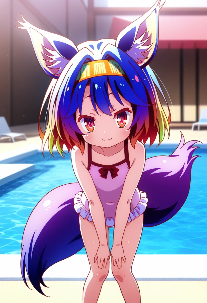 Masterpiece, Best Quality, extremely detailed, cheered up, Cat ears girl ,night pool,high waist bikini,SMILE,:d,action,ass focus