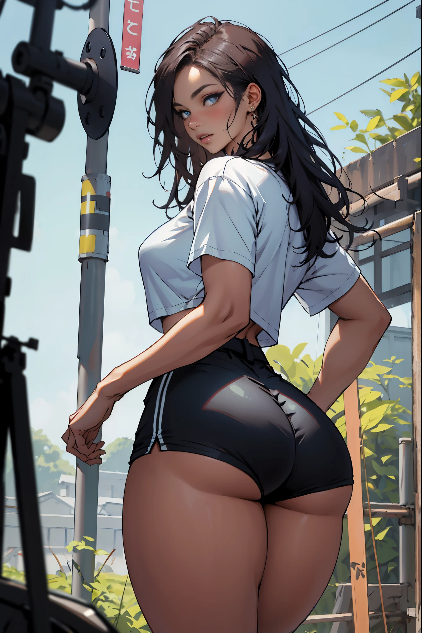 beautiful, (masterpiece:1.2), (best quality:1.2), perfect eyes, perfect face, perfect lighting, 1girl, ass, back, backboob, baseball cap, black panties, breasts, brown hair, crop top, cutoffs, denim, denim shorts, facing away, from behind, hat, highleg, highleg panties, long hair, median furrow, large breasts, micro shorts, panties, ponytail, short shorts, shorts, sideboob, simple background, solo, tank top, thighs, thong, underboob, underwear, field, grass, walkway, huge ass, wide hips, arms at side