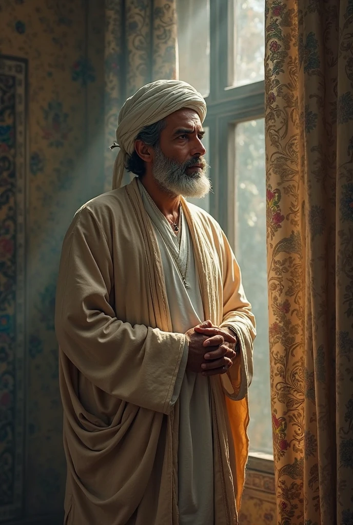 Muslim man with a thob, little smile, seeing in the window, 