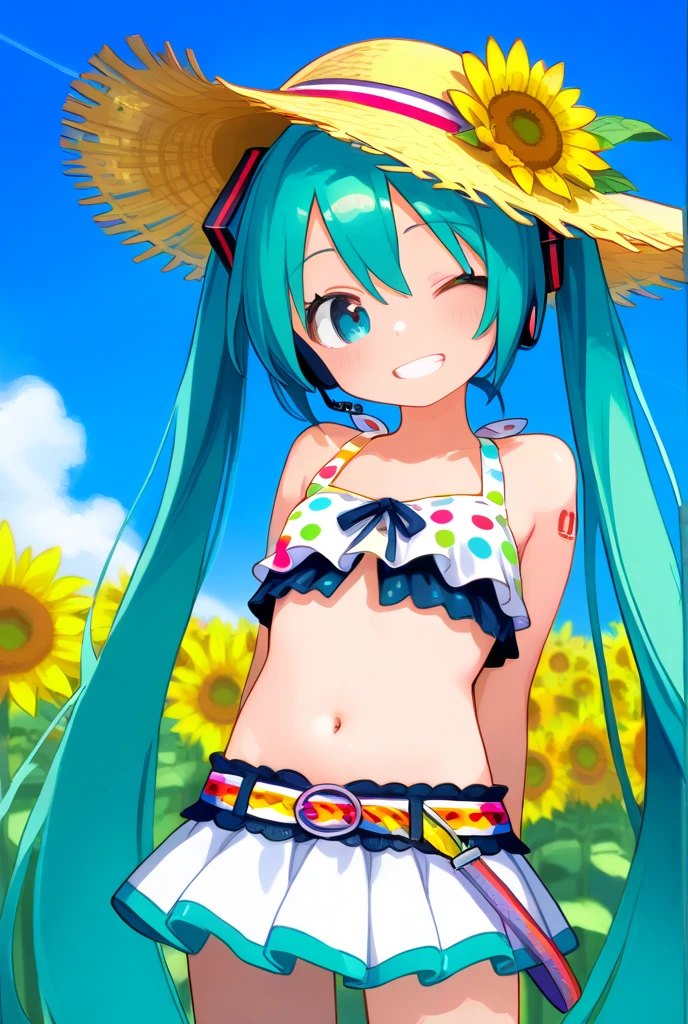Flying in the sky on a big big banana Light blue long hair Cute little character with twin tails There are lots of bananas floating in the sky