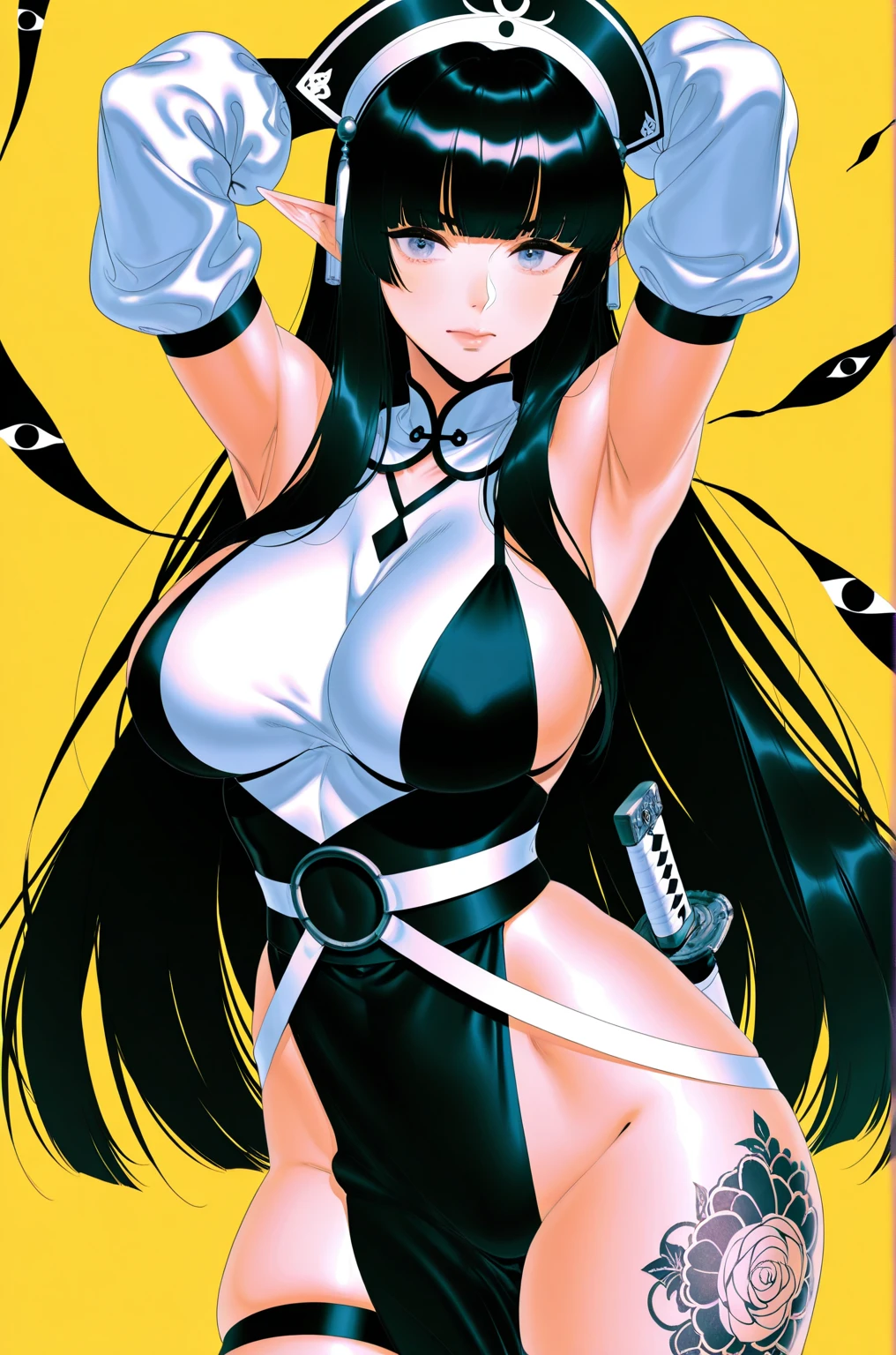anime artwork, score_9, score_8_up, score_7_up, score_6_up, score_5_up, score_4_up,Kiara_SwimsuitVtwo, yellow eyes, multicolored hair, streaked hair, long hair, high ponytail, forehead mark, facial mark, swimsuit, black bikini, front zipper swimsuit, black pantyhose, torn pantyhose, halterneck, police hat, armband, pantyhose, covered navel, fingerless gloves, black gloves, pink necktie, bare shoulders, collarbone \\\\\\ \\\\\ ,