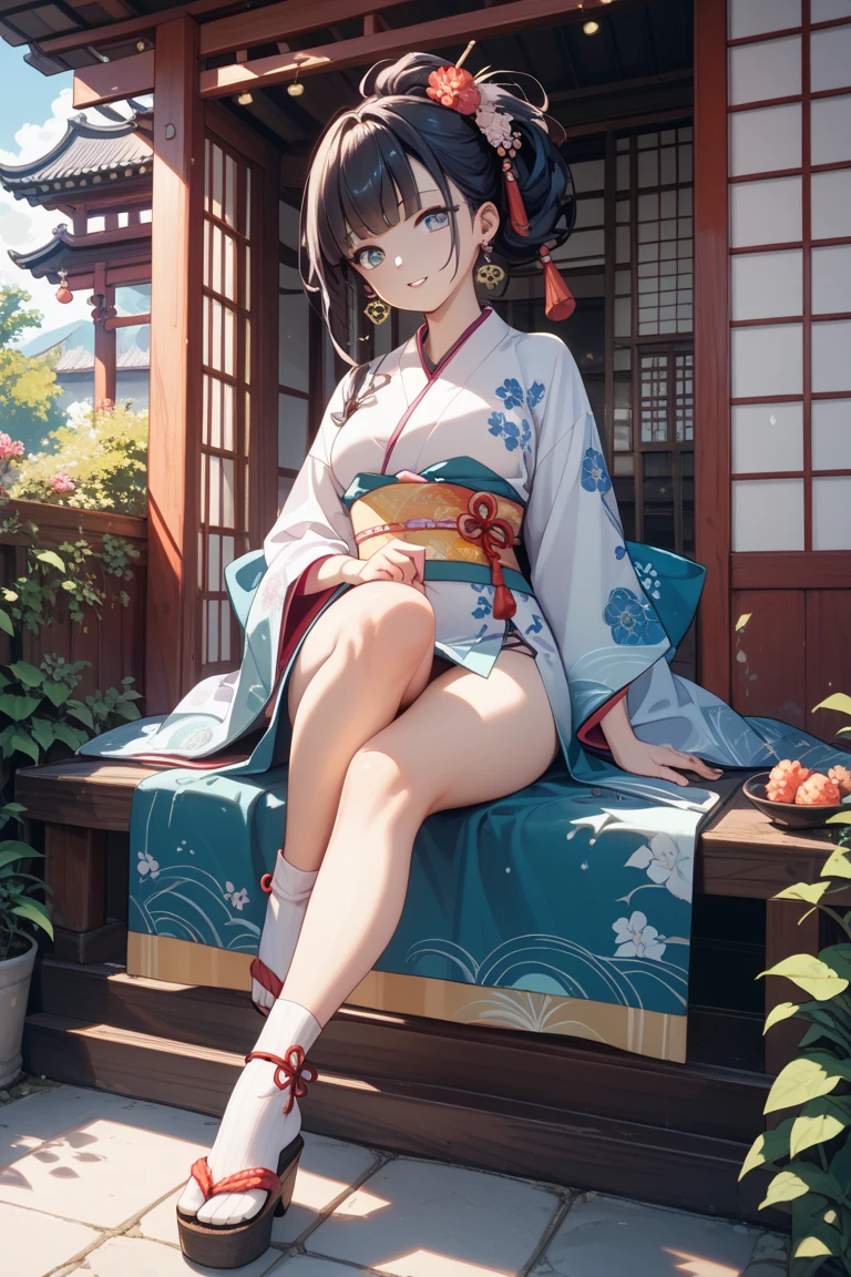 (A cute girl,Sit barefoot,Reveal her delicate feet),Barefoot,Long narrow eyes,A look of disdain,Beautifully designed traditional Japanese costumes,Rich in patterns,Silk fabric,Soft and shiny fabric, Vibrant colors,Floral embroidery and gold thread,flowing short dress,Long sleeves,elaborate detail,White and tender feet,Five toes,Details of the soles of the feet,Petite feet,Minimalist background,subtly lit,Photorealistic style,Vivid colors,Detailed rendering,high resolution,4K quality,Sharp focus.