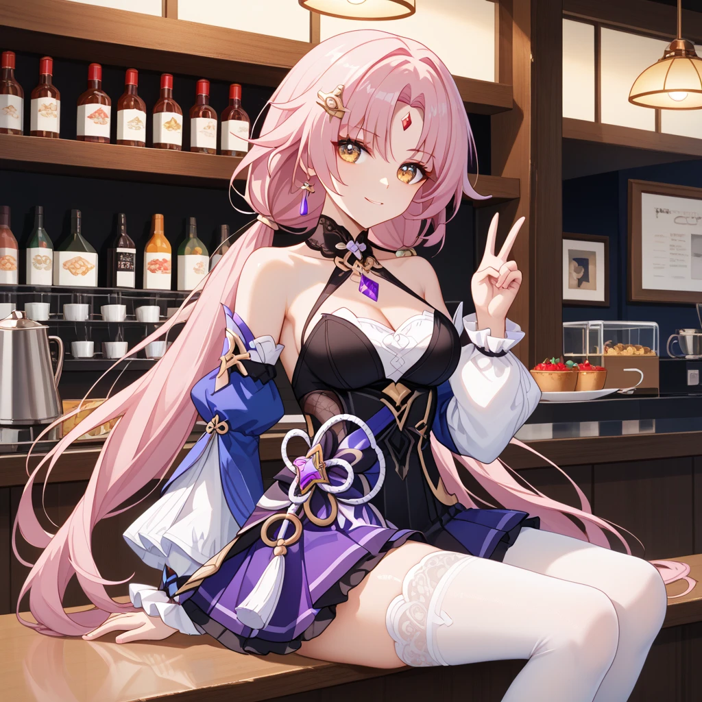 Secondary Elements,Honkai 3,Alicia,(((pink hair))),Blue eyes,Long Whitr hair,Big woman,Best Quality Keeper,Pointed ears are slightly shorter,By Bangs,dated,long eyeslashes,((Dishbread Hair)),((White feather hair ornament)),ssmile,White off-the-shoulder ceremony,Palm up,Dull hair,anime artsyle,genshin impact,Long Whitr hair,Extra-long hair,wind,Sit at the front of the table,Look ahead,Anime girl sitting at table,Long, flowing hair,at the house,Affectionate expression,((stocklings, Cross your legs)),