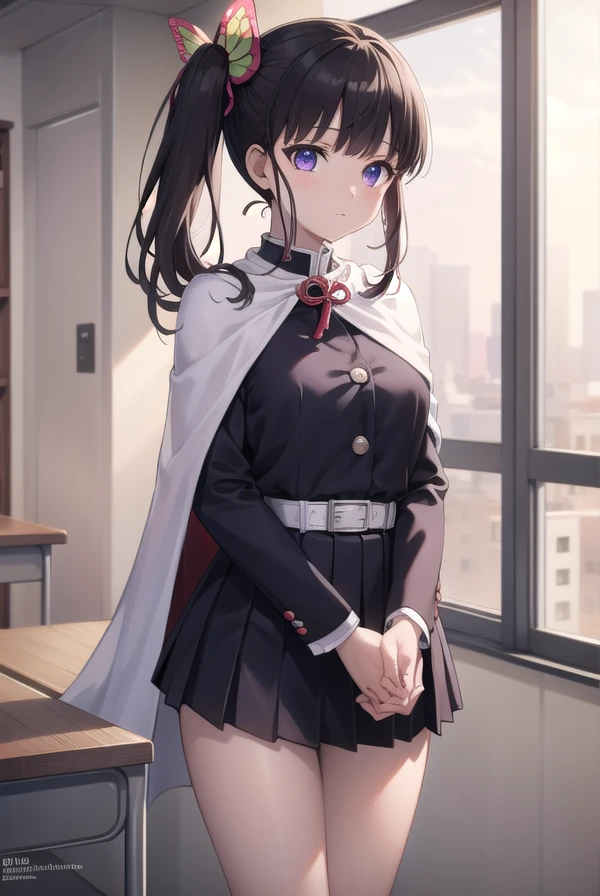 kanaotsuyuri, kanao tsuyuri, black hair, butterfly, butterfly hair ornament, (purple eyes:1.1), side ponytail, ponytail,
BREAK black skirt, cape, demon slayer uniform, long sleeves, pleated skirt, skirt, white cape,
BREAK looking at viewer,
BREAK indoors, classroom,school,lights,
BREAK (masterpiece:1.2), best quality, high resolution, unity 8k wallpaper, (illustration:0.8), (beautiful detailed eyes:1.6), extremely detailed face, perfect lighting, extremely detailed CG, (perfect hands, perfect anatomy),pantyhoes, full body shot, from below, showing panties,lace panties,