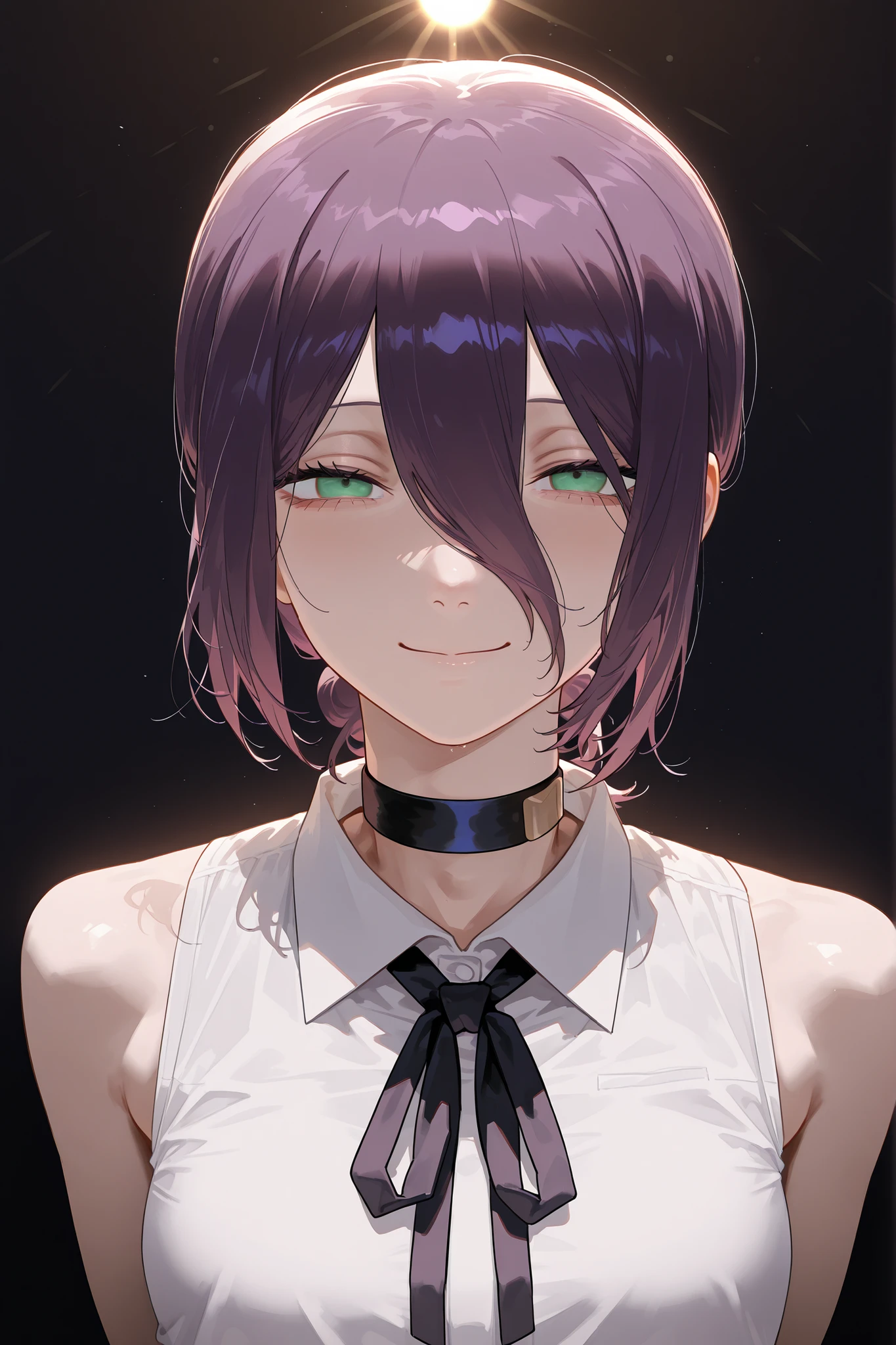 1 woman, Solo, masterpiece, accurate, High detail , High Quality , High definition, reze, black choker, purple hair, choker, eyebrows hidden by hair, green eyes, hair between eyes, long bangs, medium hair,
bare shoulders, black ribbon, black shorts, collar, collared shirt, neck ribbon, ribbon, shirt, shorts, sleeveless, sleeveless shirt, white shirt, masterpiece portrait, beautiful face, Chainsaw Man(reze), sexy, Hands hidden behind back, sexy smile, dark background, beautiful, dark, Narrowed eyes, red cheeks, smiling, closed mouth, Looking At Viewer, upper body, dynamic composition,beautiful sunlight, beautiful lighting, lens flare, light leak, Touching illustrations, touching, emotional, like a scene from a movie,beautiful art, beautiful illustrations, best art, beautiful art, amazing art, amazing illustrations, masterpiece,best quality,amazing quality,very aesthetic,absurdres,newest,