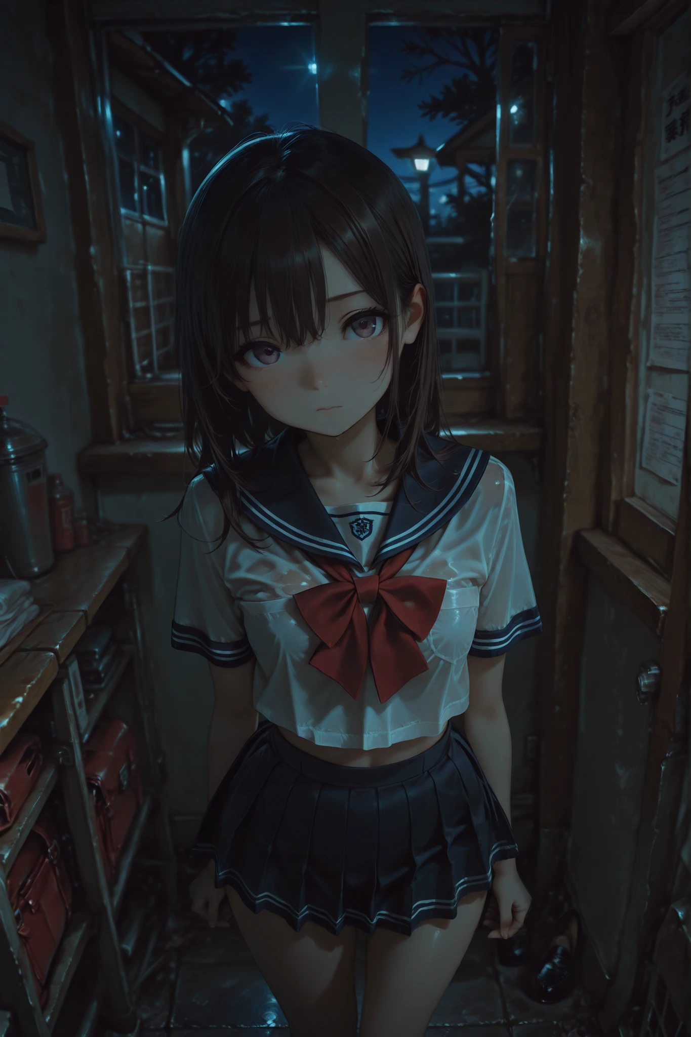 female, cute, school uniform, school girl, dark, night, school shed, inside, revealing school shirt, revealing school skirt, posing, from above