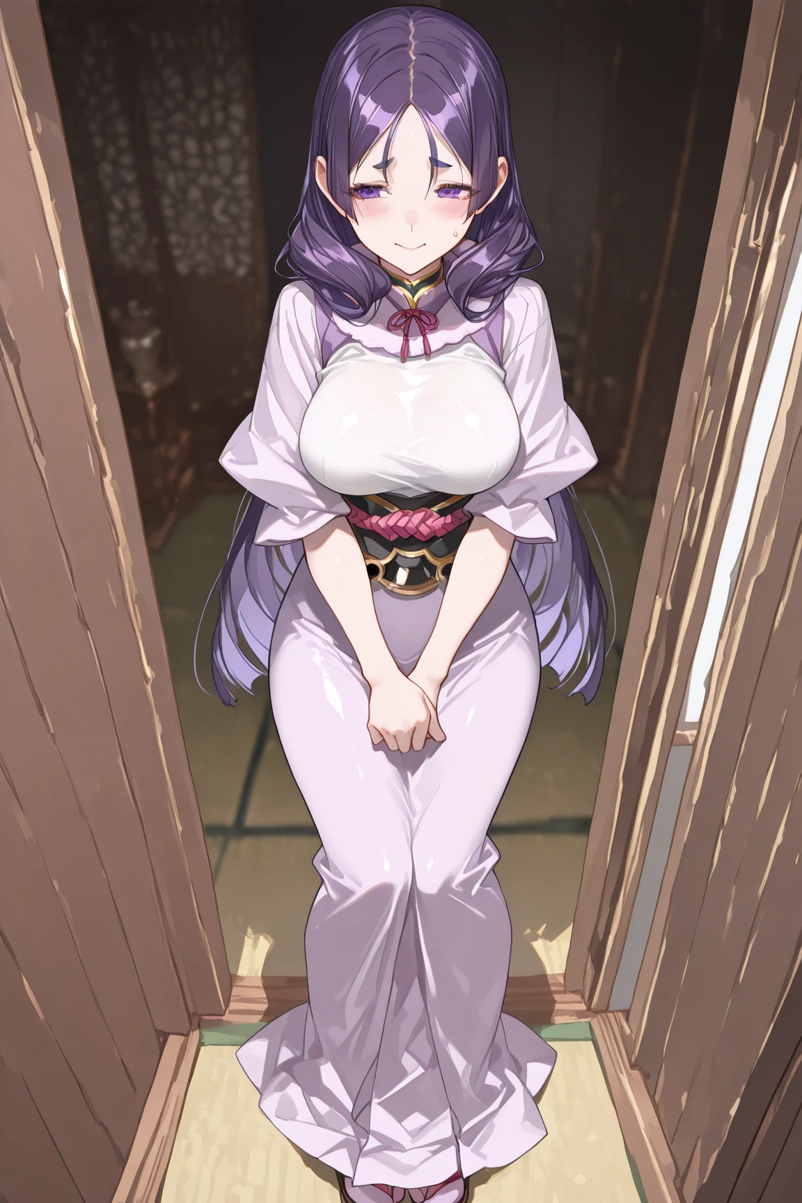 masterpiece, Highest quality, Super Resolution, 8K, 15-year-old female, Purple long hair, Handsome face, Big Eyes, White simple long dress, Corset at the waist, Sexy slit in skirt, (( Wide open chest, Large Breasts)), ((Nipples, Small purple lingerie)), Love juice drips from lingerie, Spread your arms wide, Sexy pose, Greek statue of Athena behind