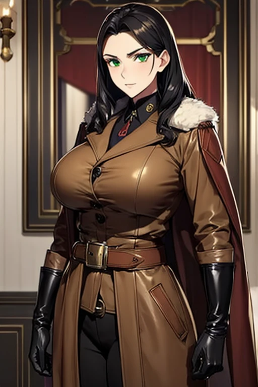 young girl, short black hair, Green eyes, White Mask, brown leather coat, hat, Rorschach, angry, Masterpiece, hiquality
