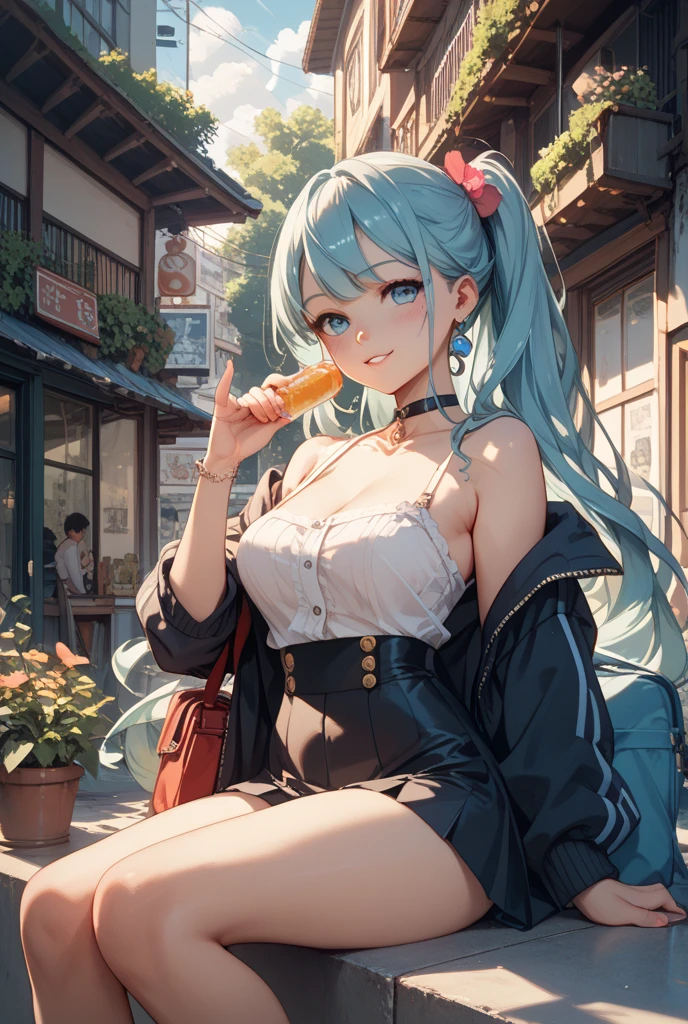 best quality,masterpiece, high res, beautiful detailed eyes,ultra-detailed, mejiro ardan \(umamusume\), ear ornament,horse ears, horse tail, minimal Yoga clothes, embarrassed, (open-minded, intimate), yoga studio, sweat leggs, intricated clothing, analogous colors, glowing shadows,Squint,Beautiful girl licking up a large soft-serve ice cream with her tongue,