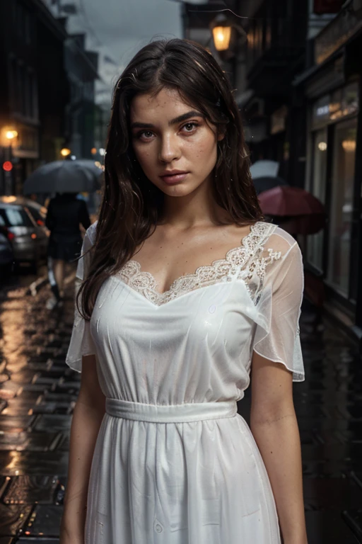 8k, photorealistic, highly detailed, long lace dress, standing in the rain, red light district, extremely detailed face and skin texture, detailed eyes, double eyelids, beautiful detailed eyes, beautiful detailed lips, extremely detailed eyes and face, long eyelashes, cinematic dramatic lighting, moody atmosphere, hyper realistic, award winning digital art, elegant, fashionable, dramatic pose